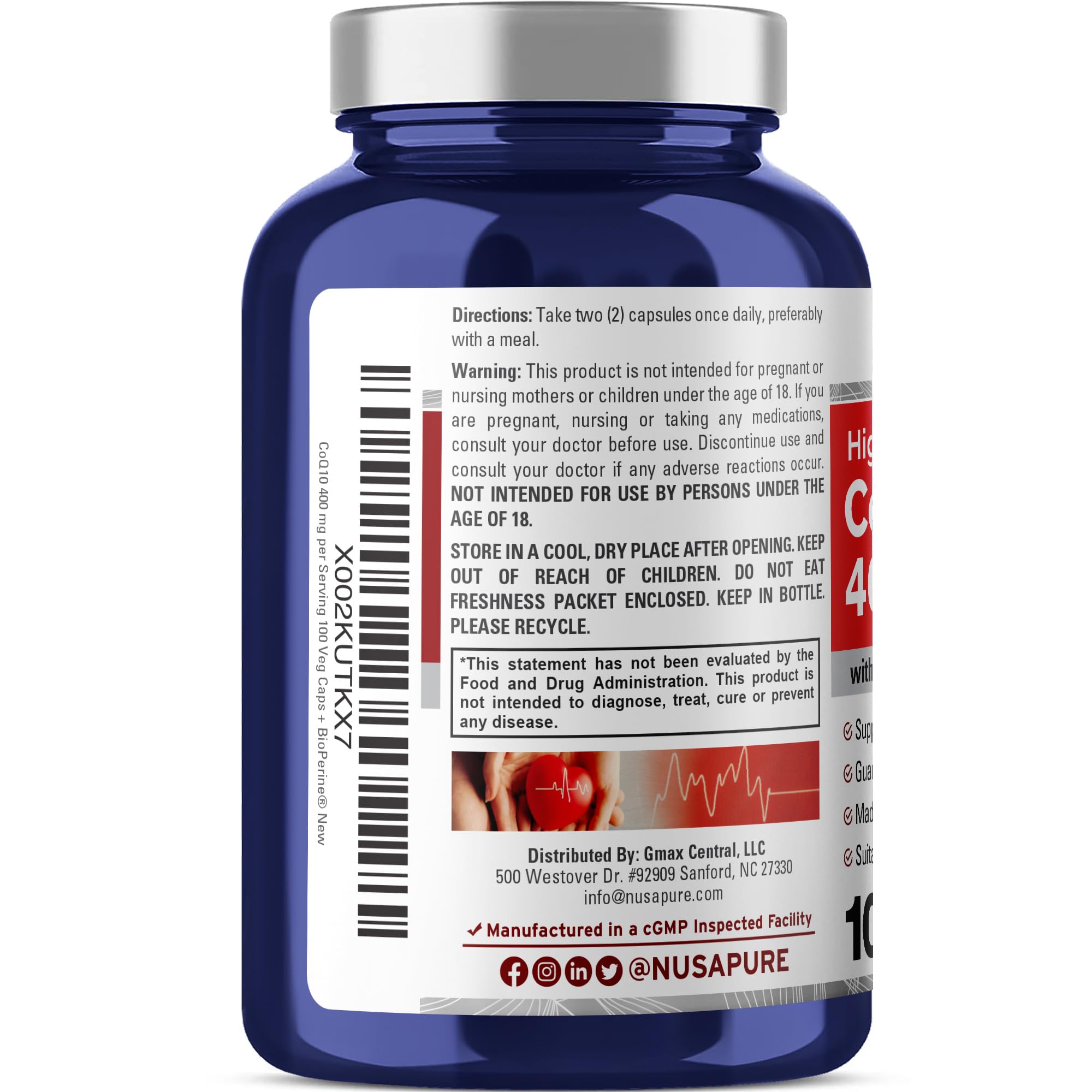 NusaPure CoQ10 400mg 100 Veggie Caps (Vegan, Non-GMO) Coenzyme Q10 Supplement, Antioxidant COQ-10 Enzyme, Coq 10 NusaPure buy supplements canada