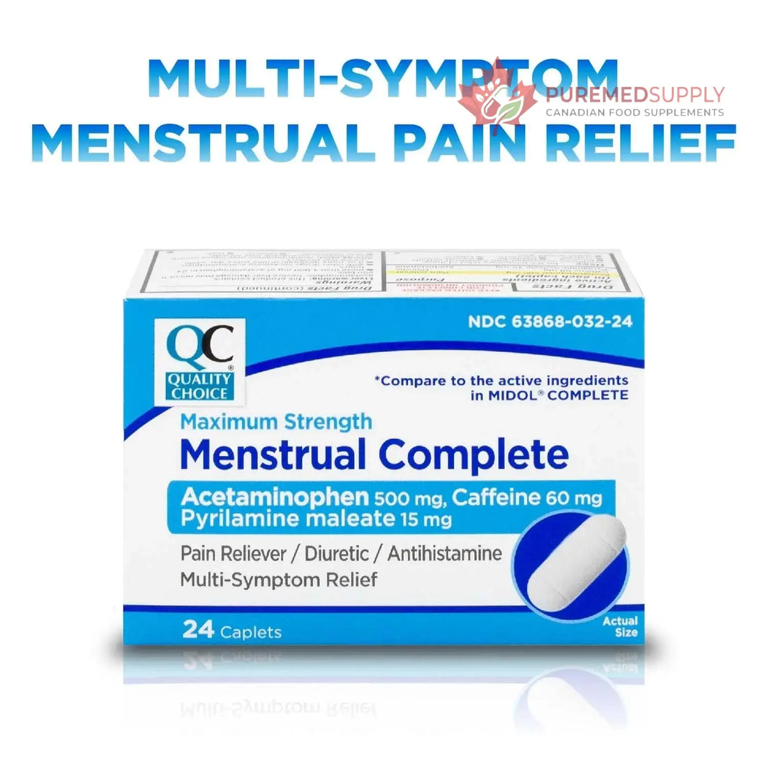 Quality Choice Menstrual Complete Max Strength Period Pain Relief, 500 mg of Acetaminophen, 60mg of Caffeine, 15mg of Pyrilamine Maleate, Cramps, Bloating, Headache. 24 Count. Quality Choice buy supplements canada