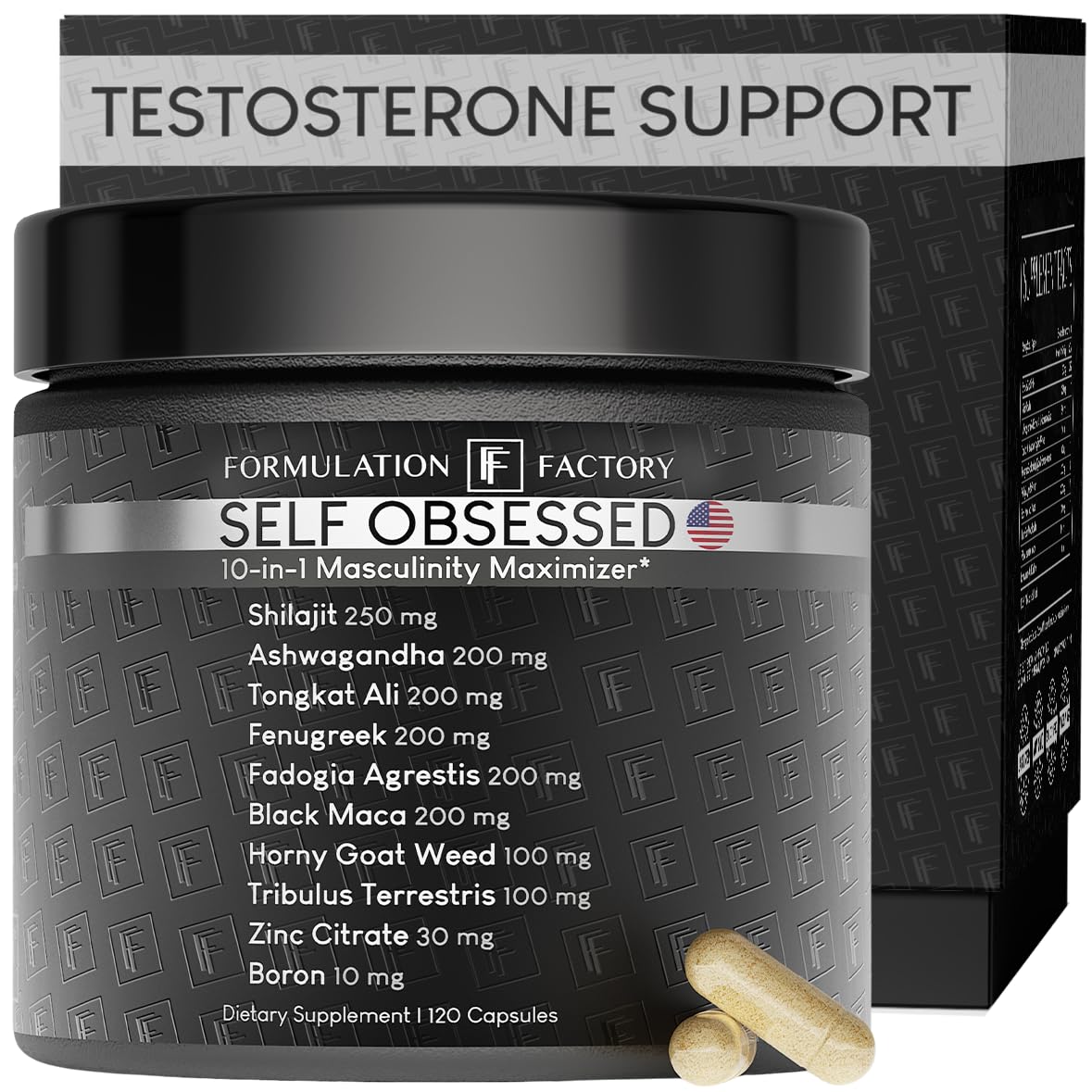 Self Obsessed Masculine Vitality & Testosterone Support - 10-in-1 Complex with Shilajit, Tongkat Ali, & Fadogia Agrestis - 120 Capsules, 2 Month Supply (120 Count (Pack of 1), Self Obsessed) Formulation Factory buy supplements canada