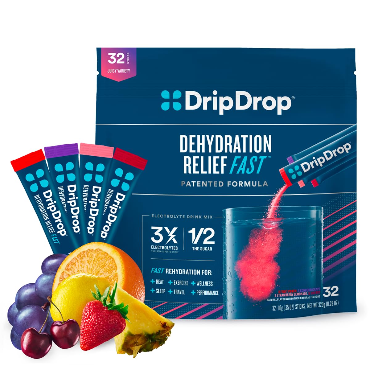 DripDrop Hydration - Electrolyte Powder Packets - Grape, Fruit Punch, Strawberry Lemonade DripDrop buy supplements canada