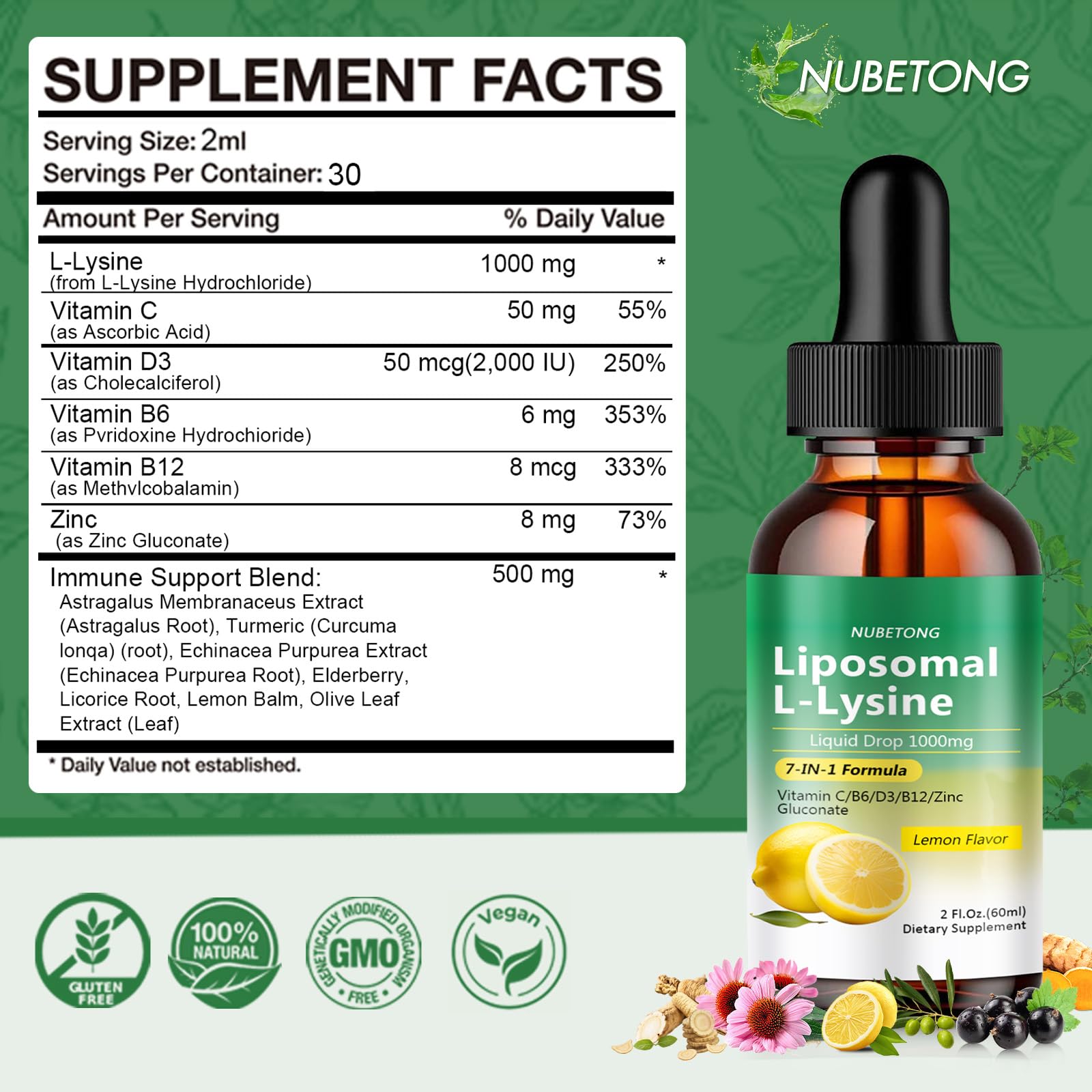 Liposomal L-Lysine 1000mg Liquid Drops, 7-in-1 Lysine Supplement for Adults with Vitamin C/B6/D3/B12 & Zinc Gluconate, Immune Support, Collagen Synthesis & Skin Lip Health, Lemon Flavor, 2 Fl Oz Nubetong buy supplements canada