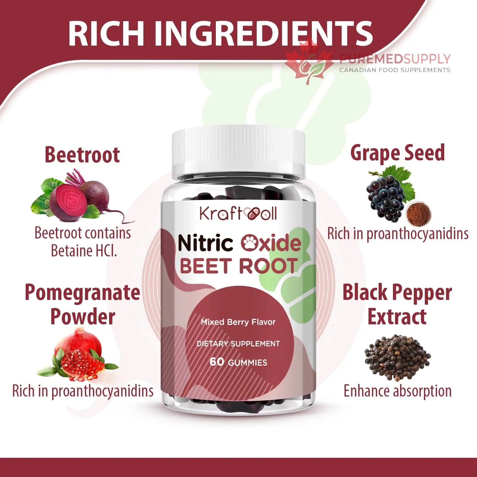 Kraftvoll Nitric Oxide Beet Root Gummies – Sugar-Free Beet Chewables, Mixed Berry Flavor with Grapeseed Powder, Pomegranate, Vitamin C & B12 – Nitric Oxide Supplements for Men – 60 Gummies (2 Bottles) Kraftvoll buy supplements canada