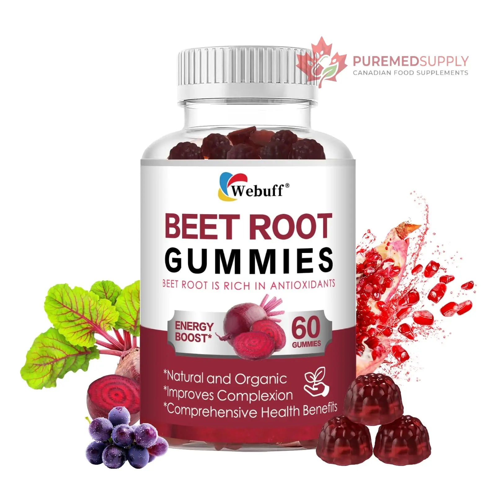 Webuff Beet Root Gummies - Nitric Oxide Booster with Organic Beet, Pomegranate & Grape Seed, Vitamin B12 - Energy, Circulation & Heart Health Support, Vegan, Non-GMO, 60 Count (Pack of 1) Webuff buy supplements canada