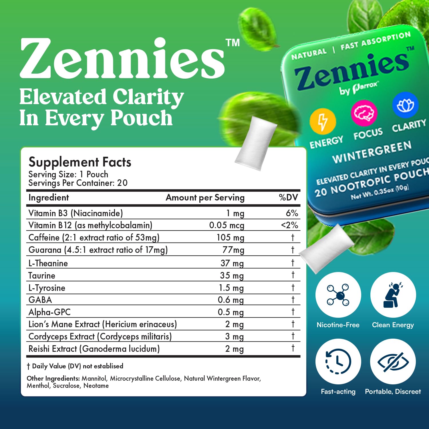 Zennies Caffeine Nootropic Pouches with Alpha GPC, L-Tyrosine & L-Theanine, Lion's Mane, Cordyceps, Reishi - Nicotine Free, No Sugar or Artificial Sweeteners Nootropic Energy Pouches, Wintergreen 1 PK Parrox buy supplements canada