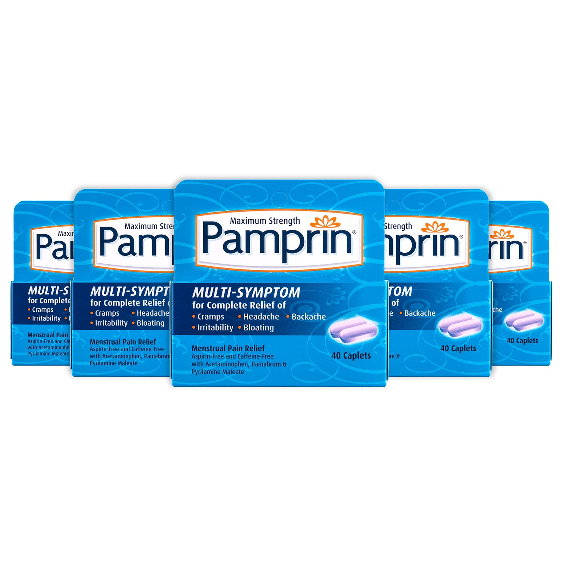 Pamprin Multi-Symptom Formula, with Acetaminophen, Menstrual Period Symptoms Relief including Cramps, Pain, Irritability and Bloating, 40 Caplets (Pack of 5) Pamprin buy supplements canada