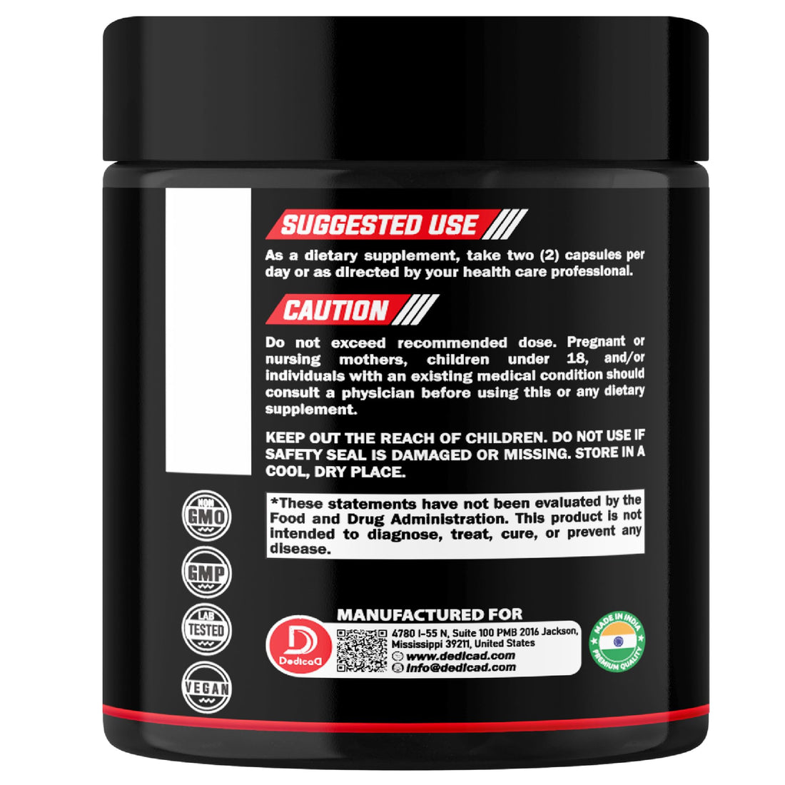 Black supplement container with red and white label displaying '5-HTP, Vitamin B6, L-Tryptophan' on a white background.