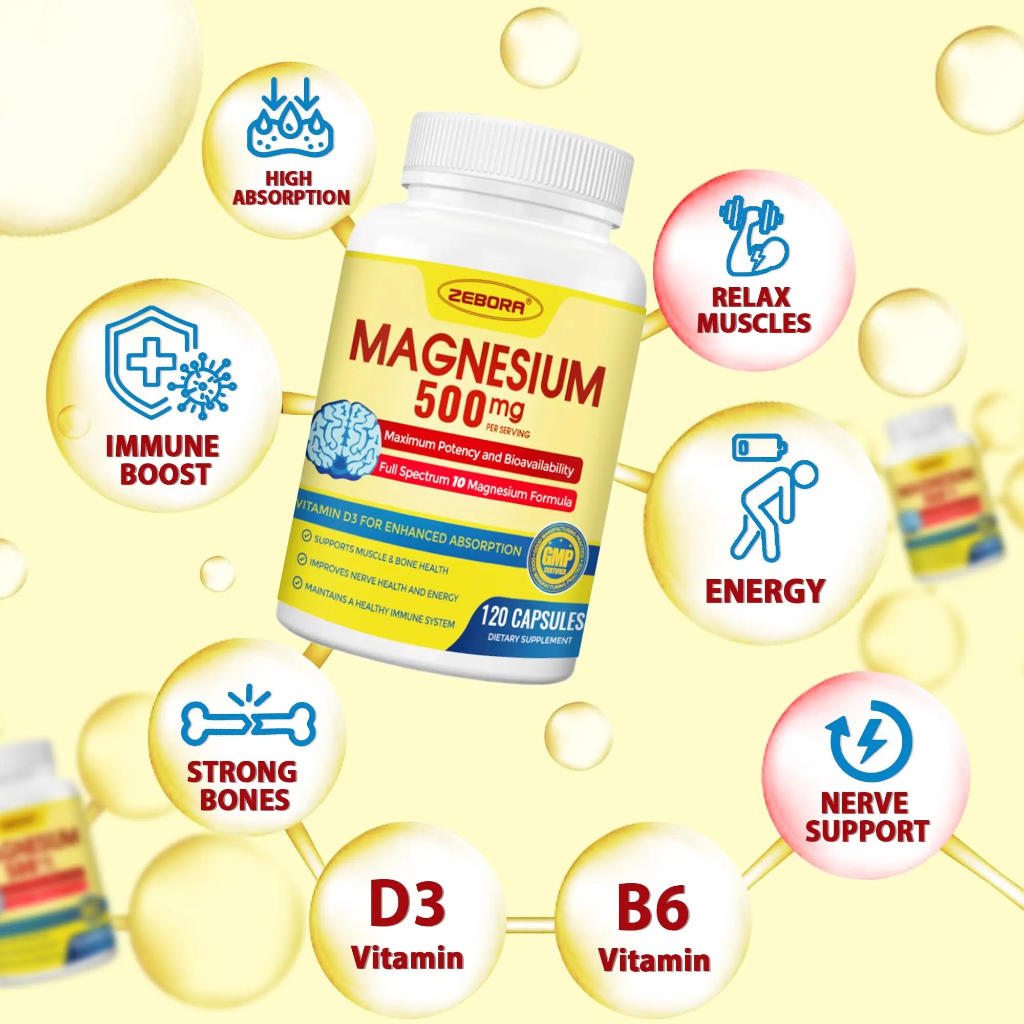 10-in-1 Magnesium Complex Supplement, Magnesium Glycinate 500mg with Citrate & Malate, Chelated High Absorption Plus Vitamin D3 & Zinc - for Nerve, Muscle & Bone Support - 120 Capsules ZEBORA buy supplements canada