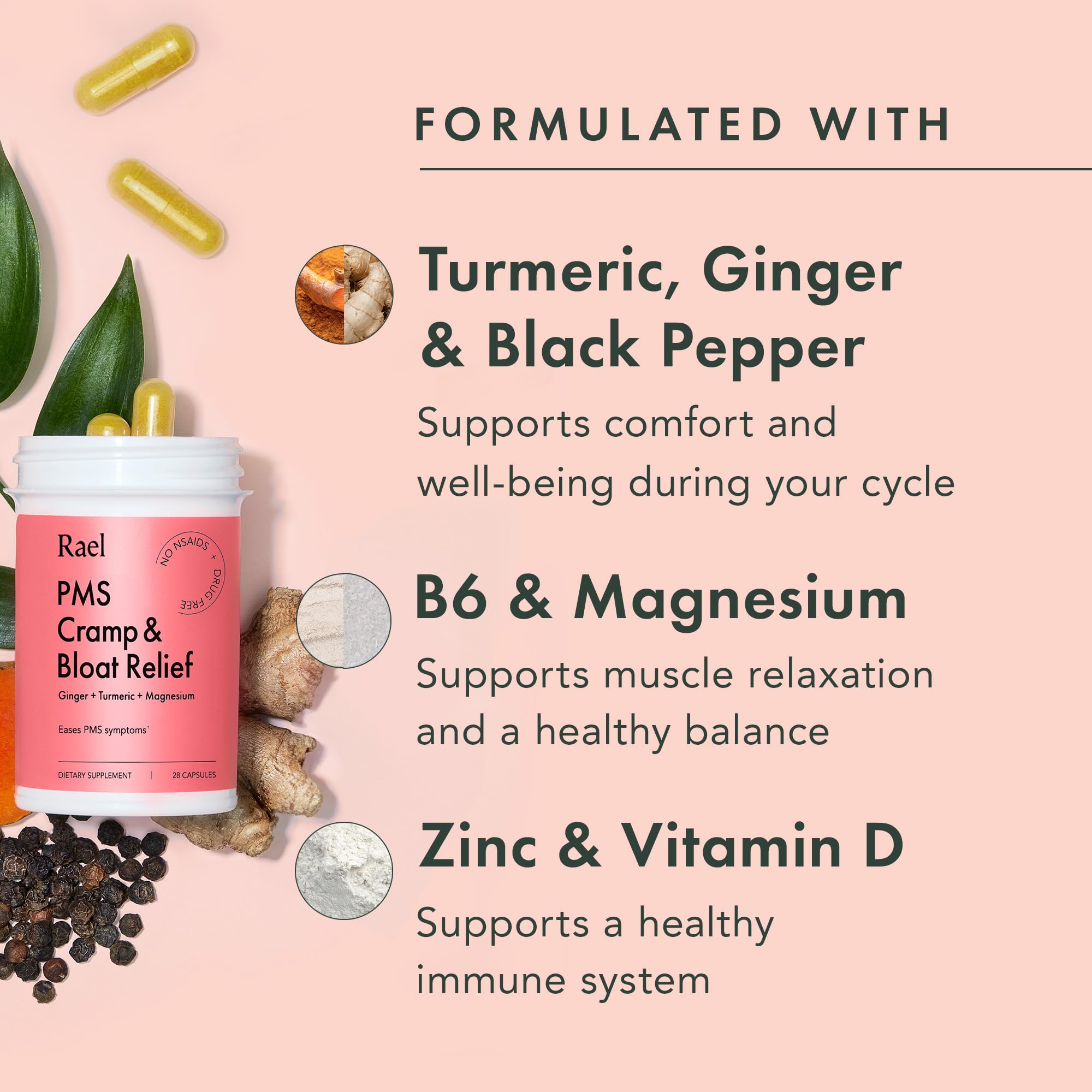 Rael PMS Supplement, Hormone Balance for Women, Relief from Menstrual Cramps with Turmeric, Ginger, Magnesium (28 Capsules) Rael buy supplements canada