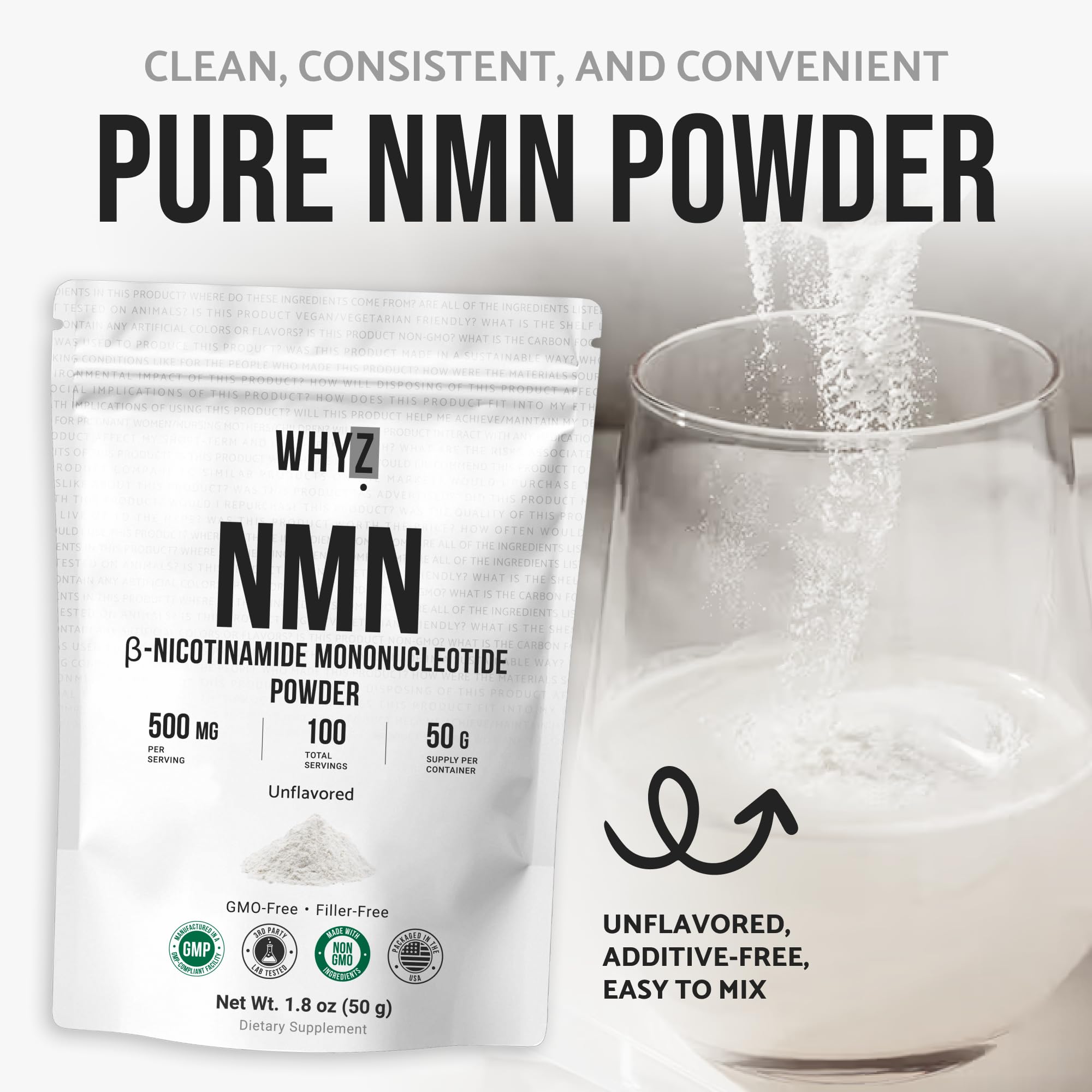 Pure NMN Powder Nicotinamide Mononucleotide Quick Dissolved NMN Supplement Powder 100% Unflavored NMN Supplement Supports NAD+ Levels Vegan Friendly Non-GMO, 50g WHYZ buy supplements canada