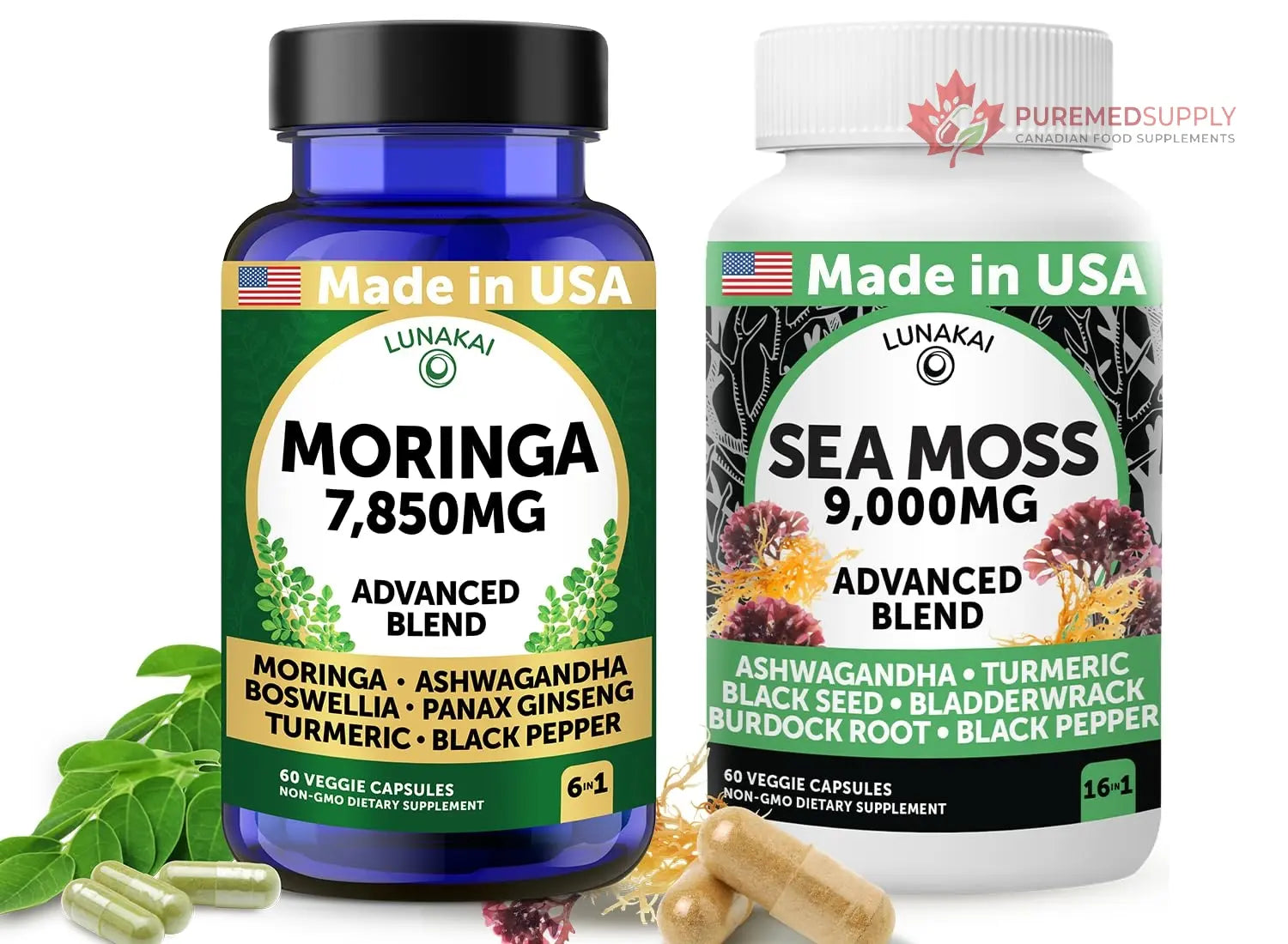 Lunakai USA Made Moringa & Sea Moss Capsules Bundle – 6-in-1 & 16-in-1 Advanced Blends – 60 Non-GMO Veggie Capsules Each Lunakai buy supplements canada