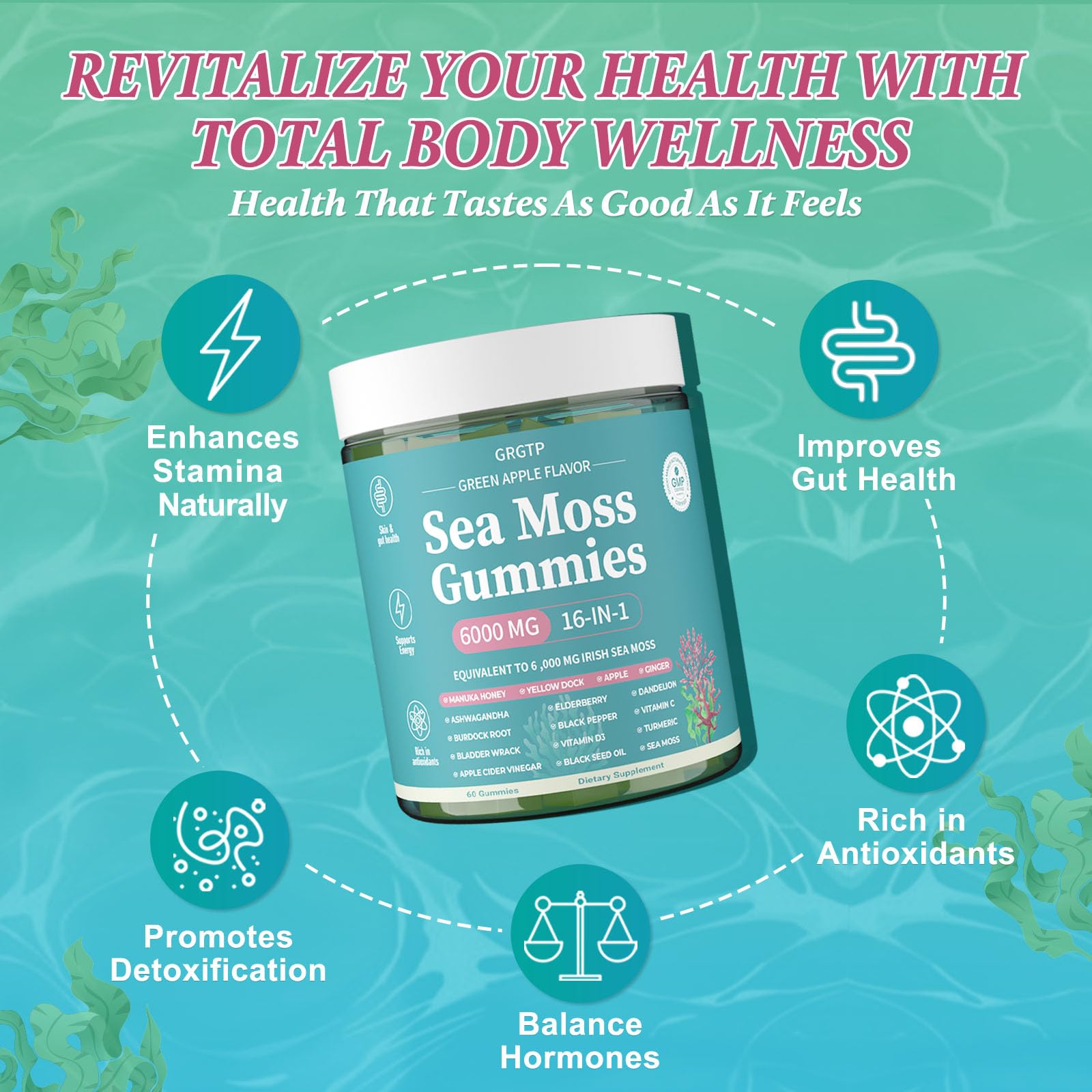 Sea Moss Gummies 16-in-1 - Ashwagandha Black Seed Oil Bladder Wrack Turmeric Vitamin C & D3 with Manuka Burdock Root Dandelion Yellow Dock Natural Detox & Liver Health Immune Support, Energy Boost GRGTP buy supplements canada