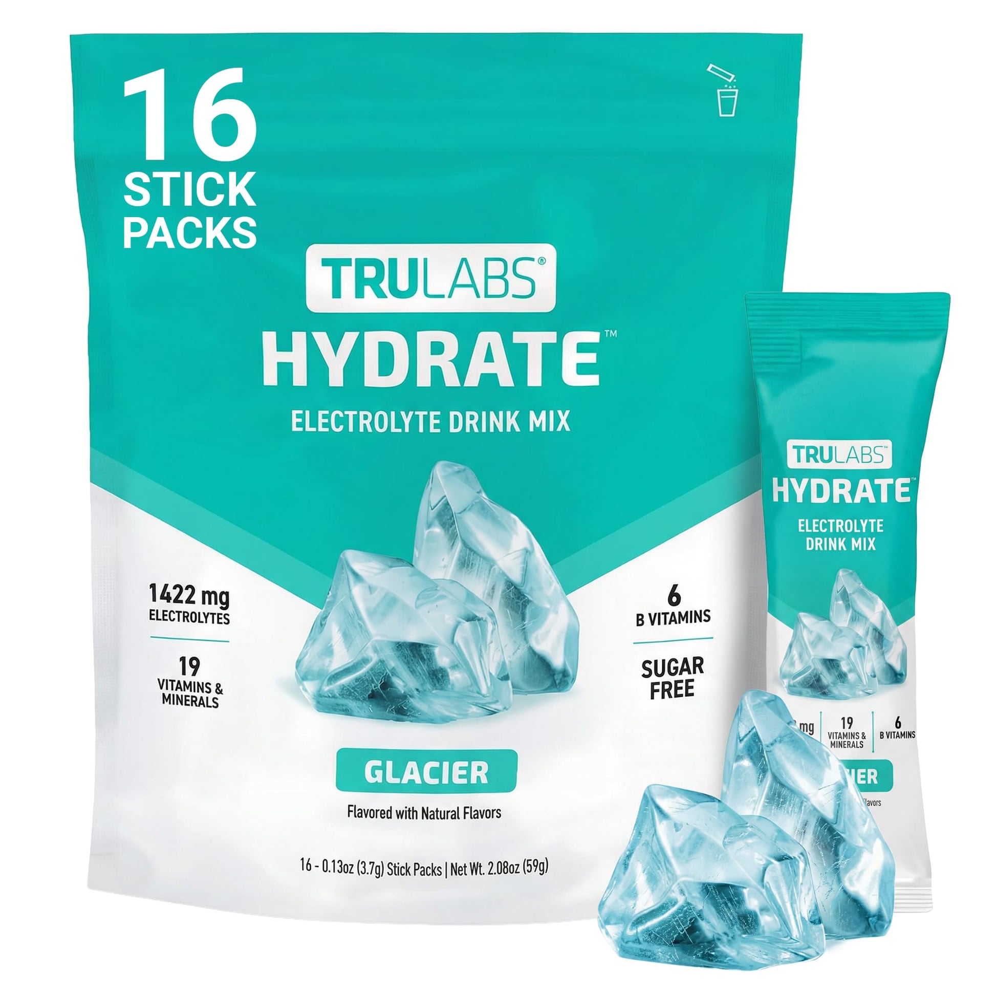 TRULABS Hydrate Electrolyte Drink Mix – Glacier Flavor, Sugar-Free Hydration Packets with 1422 mg Electrolytes & 19 Vitamins & Minerals, Monk Fruit Sweetened, On-the-Go Sticks (16 Count) TRULABS buy supplements canada