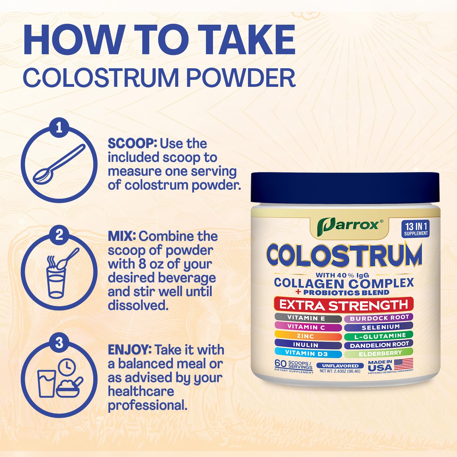 Parrox Colostrum Powder with 40% IgG, Collagen, Probiotics, Burdock Root, L-Glutamine, Elderberry, Vitamin C, Vitamin E, Vitamin D3, Inulin, Selenium, Dandelion Root, Zinc, 60 Servings (Unflavored) Parrox buy supplements canada