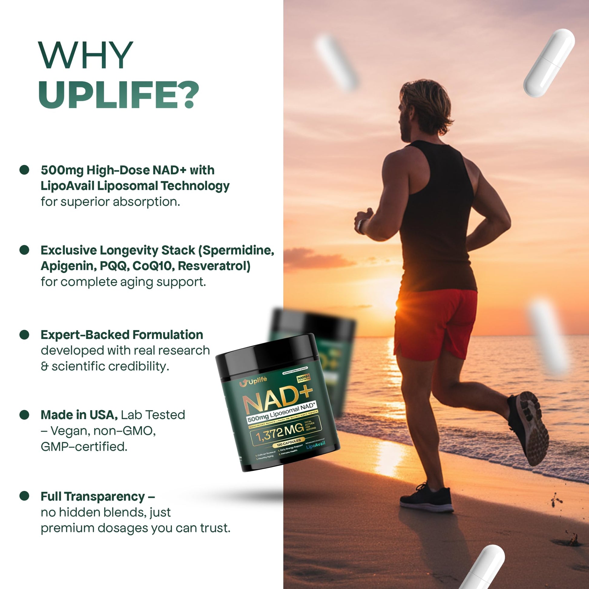 UPLIFE NAD+ Supplement 1,372mg – Liposomal NAD+ with CoQ10, Resveratrol, Spermidine, L-Theanine, Apigenin & PQQ – NMNH Alternative Booster Cellular Energy, Healthy Aging, Immune Health – 120 Capsules UPLIFE buy supplements canada