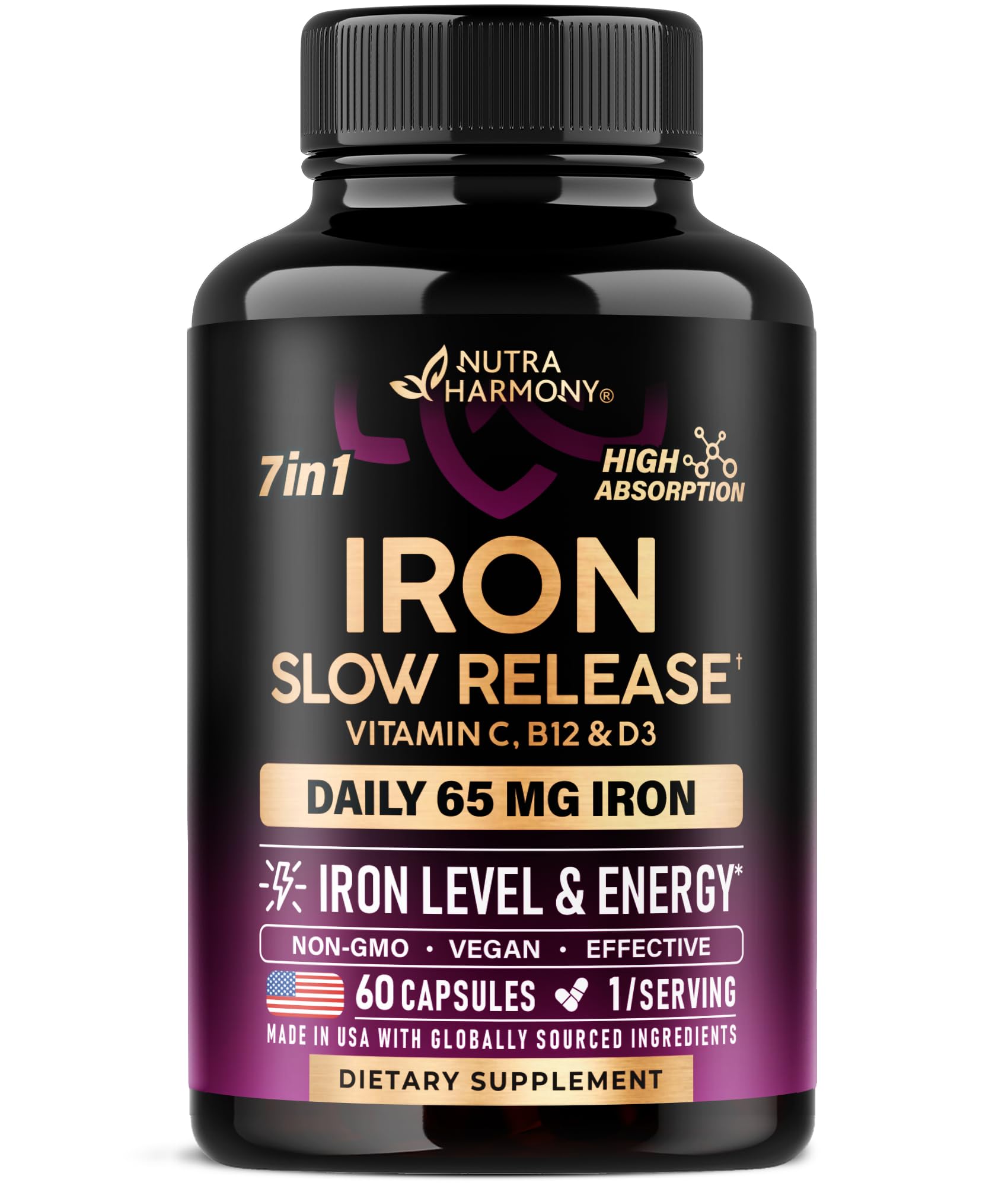 Iron Supplement for Women - Iron 65mg (Ferrous Sulfate 325mg) - Stomach Friendly | Slow Release Iron | High Absorption - Vitamins C, D3, B6, B12 & Folate NUTRAHARMONY buy supplements canada