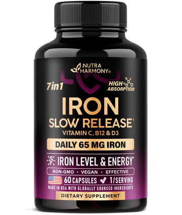 Iron Supplement for Women - Iron 65mg (Ferrous Sulfate 325mg) - Stomach Friendly | Slow Release Iron | High Absorption - Vitamins C, D3, B6, B12 & Folate NUTRAHARMONY buy supplements canada