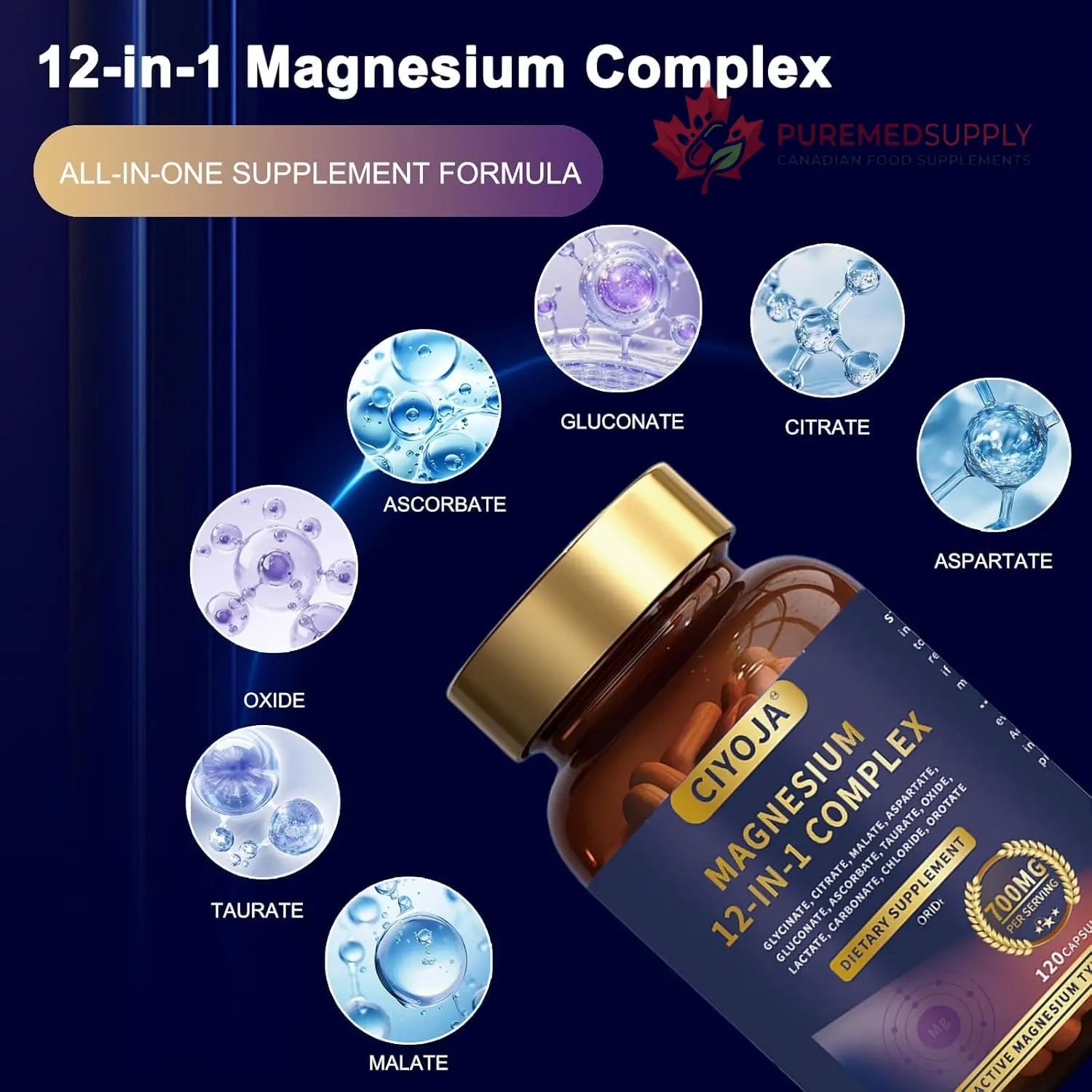 12 in 1 Magnesium Complex 700mg: Magnesium Supplement with Glycinate, Citrate, Malate, Taurate, High Absorption Magnesium for Sleep, Muscle Recovery, Nerve & Heart Support, Vegan, 120 Capsules CIYOJA buy supplements canada