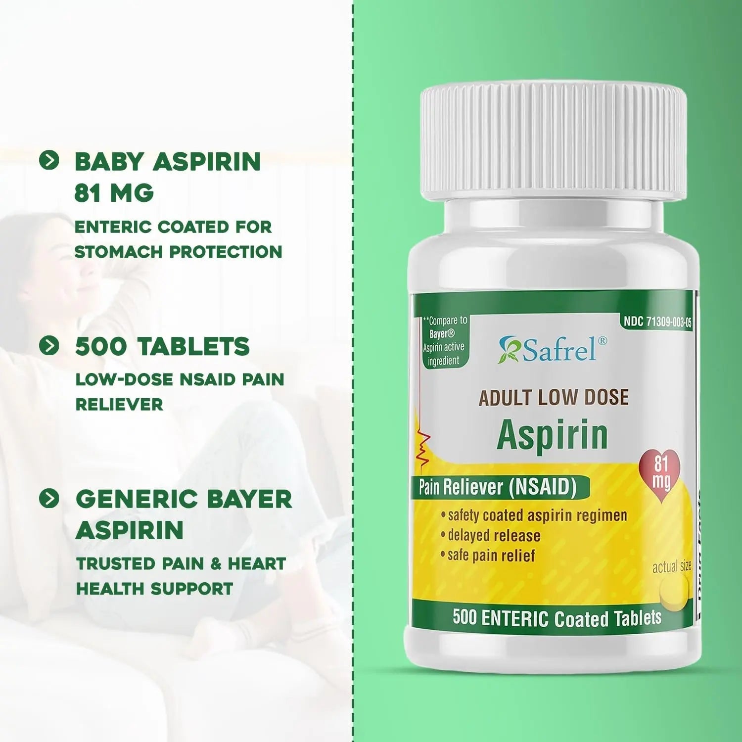 Safrel Generic Bayer Baby Aspirin 81 mg (500 Enteric Coated Tablets) | Adult Low Dose Strength Safe Pain Reliever (NSAID) for Minor Aches | Value Pack Safrel buy supplements canada