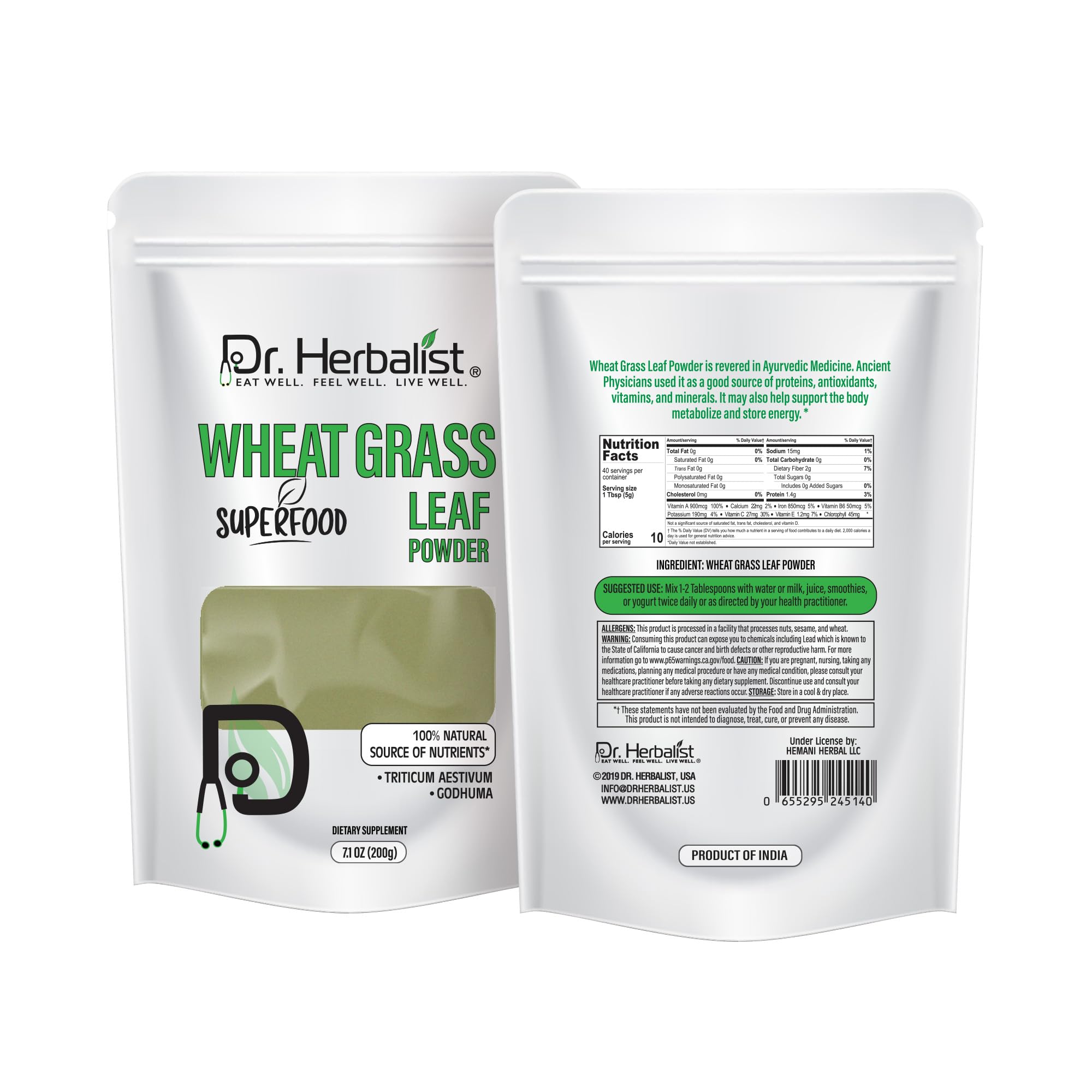Dr. HERBALIST Wheatgrass Powder 200g - Pure Triticum Aestivum with Chlorophyll Iron & Vitamins A C E | Supports Daily Greens Detox & Nutrient Density* | Halal Dr. HERBALIST buy supplements canada