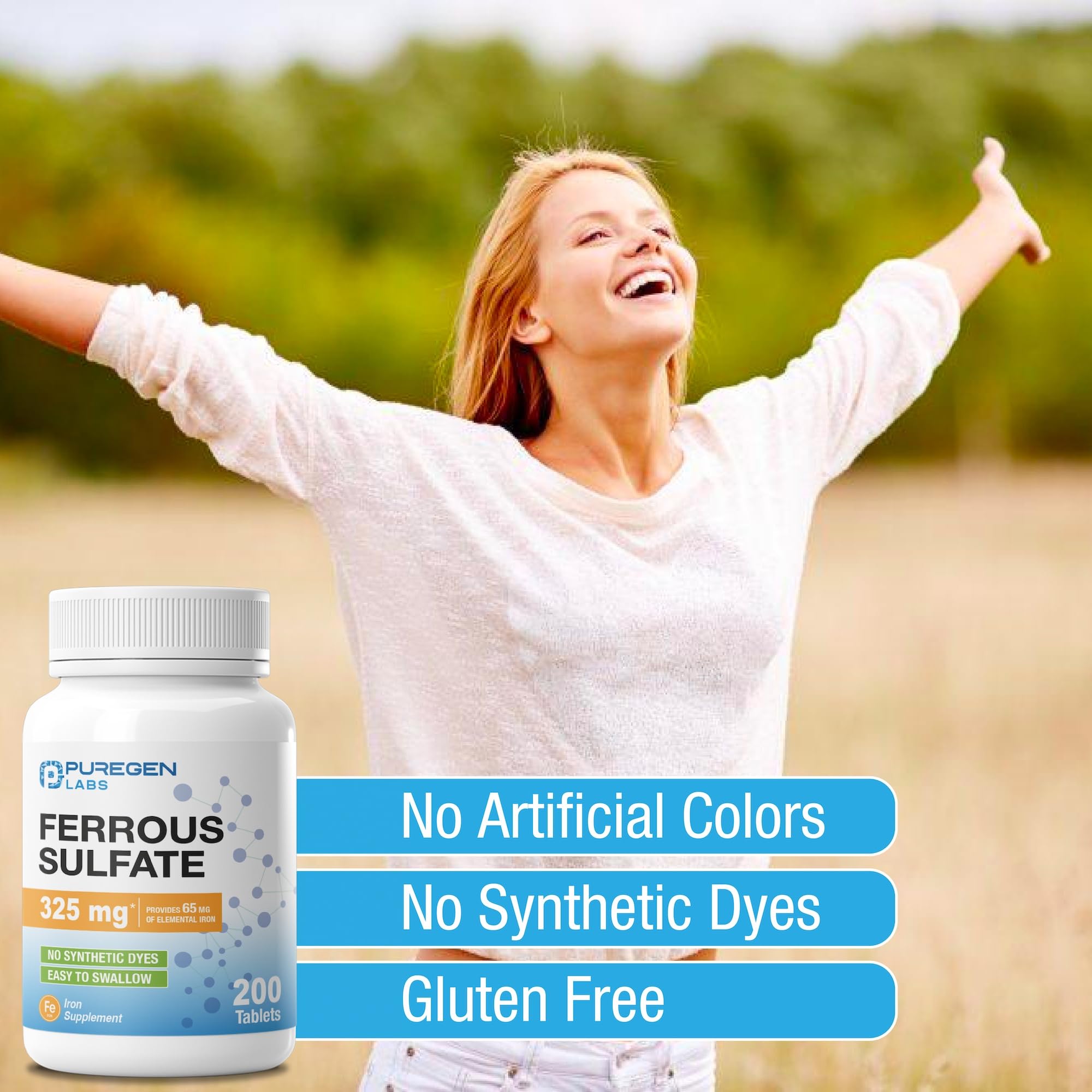 Puregen Labs Ferrous Sulfate 325 mg (65 mg Elemental Iron) High Potency Iron Supplement | No Artificial Color Additives - 200 Tablets P Puregen Labs buy supplements canada