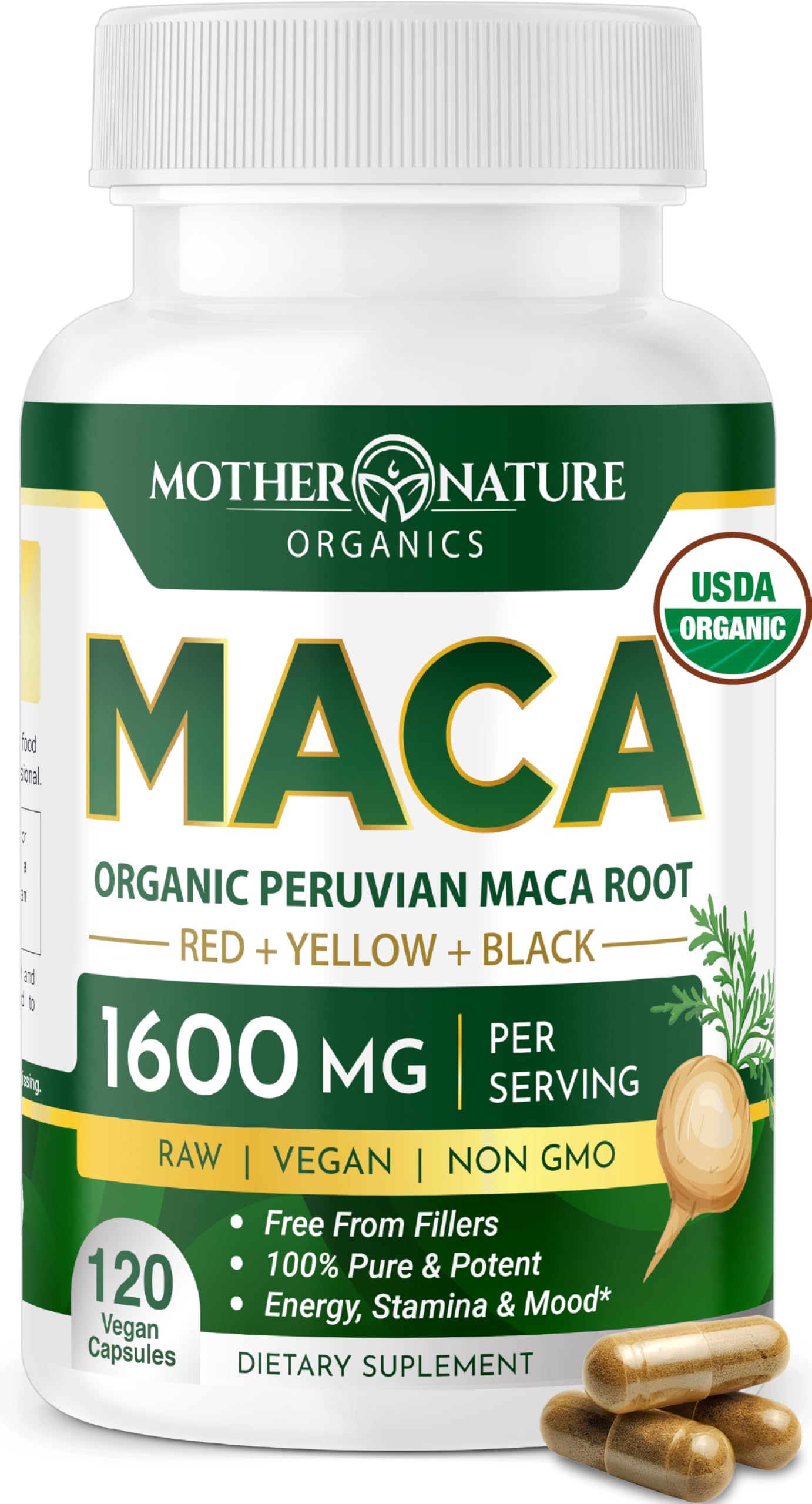 Mother Nature Organic Maca Root Capsules – 1600mg, 120 Vegan Capsules – Non GMO Peruvian Yellow, Red & Black Maca for Men & Women - Energy, Hormone, Brain & Weight Well-Being Mother Nature Organics Superfoods for Organic Living buy supplements canada