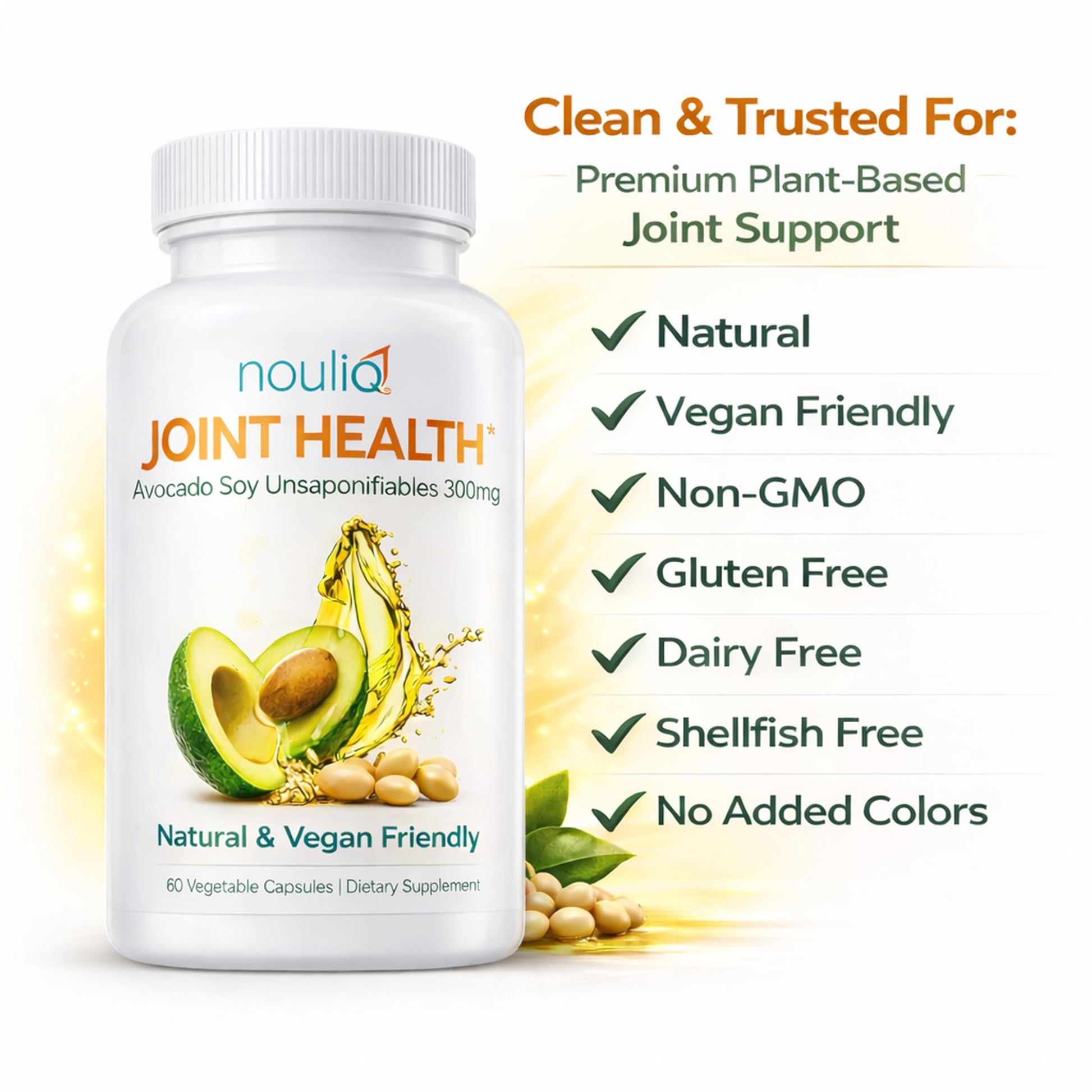 NOULIQ Natural & Vegan-Friendly Joint Health Supplement, Avocado Soy Unsaponifiables 300mg, Non-GMO, Free of Any Gluten, Artificial Colors or Flavors, Dairy and Shellfish, 60 Day Supply. NOULIQ buy supplements canada