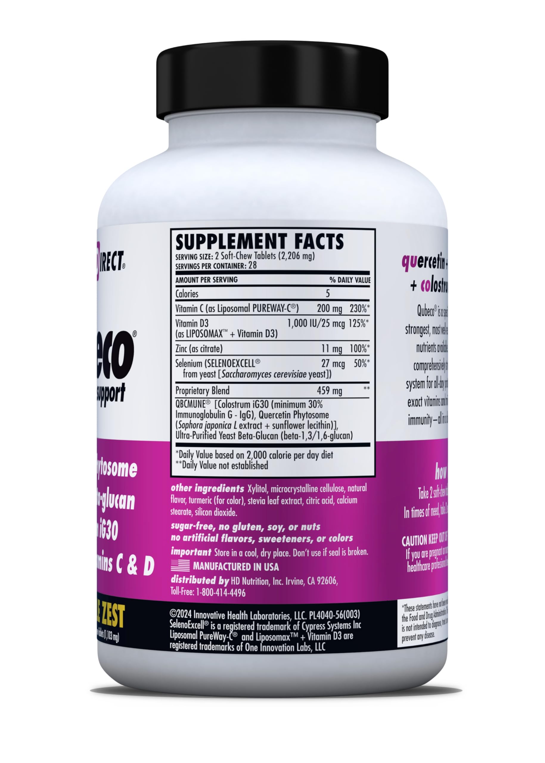 HEALTH DIRECT - Qubeco Immune Support with Vitamin D3, Liposomal Vitamin C, Quercetin, Beta-Glucan, Colostrum, Zinc, Selenium - Clinical Strength – 56 Soft Chew Tabs - 28 Day Supply - Pineapple Zest HEALTH DIRECT buy supplements canada
