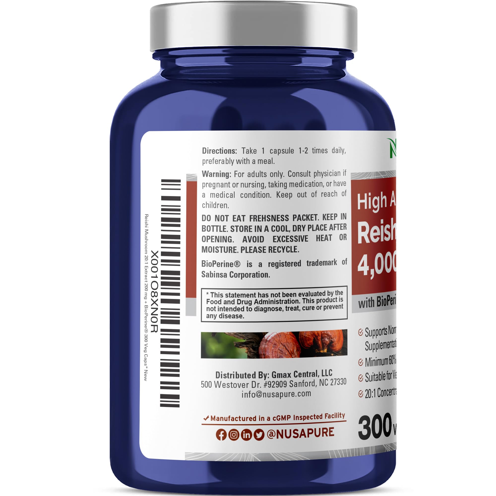 NusaPure Reishi Mushroom Extract 20:1 Extract, 200 mg Equivalent to 4000mg per Capsule 300 Veggie Caps Vegan, Non-GMO, Vegan NusaPure buy supplements canada