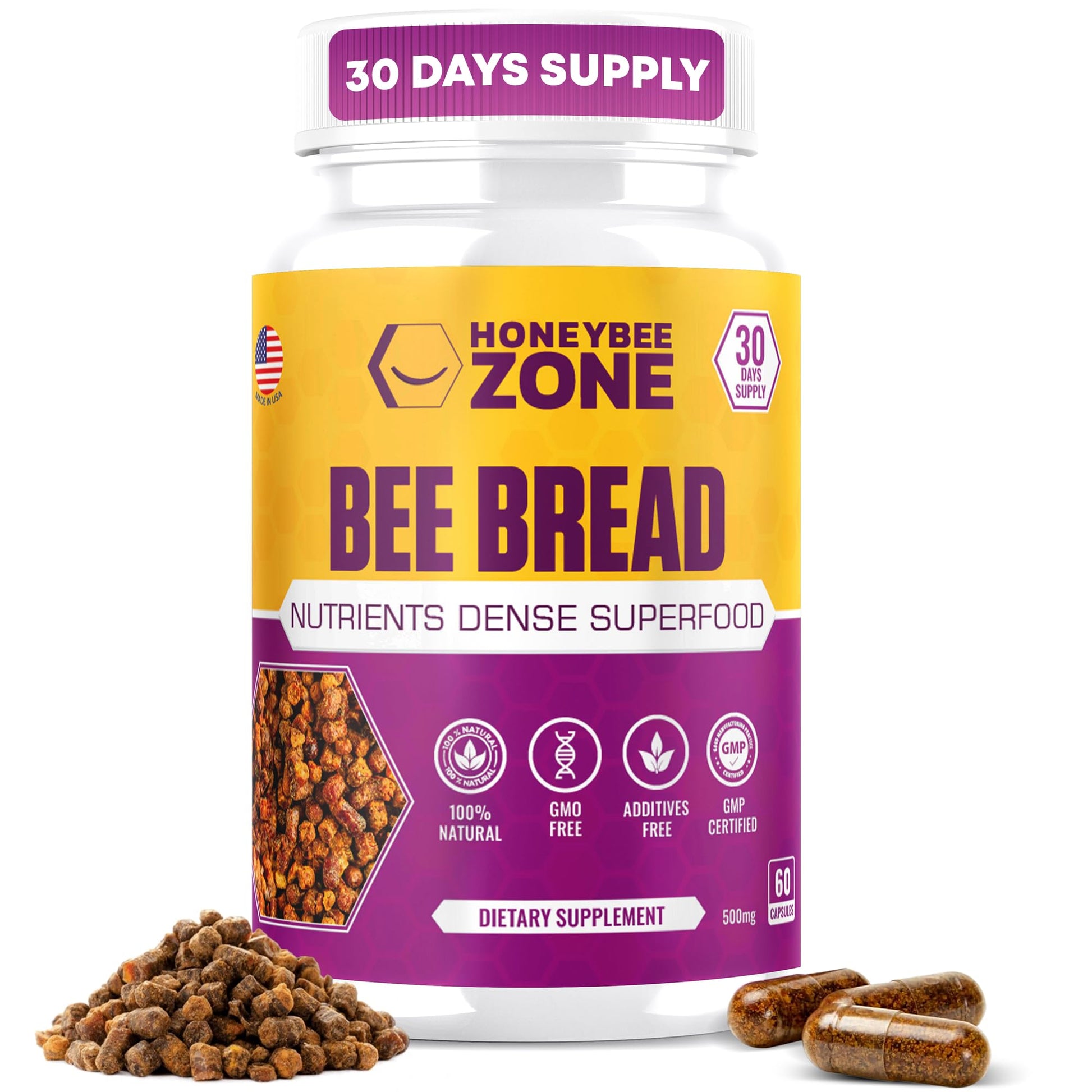 HONEYBEEZONE-Bee Bread Capsules – Nutrient-Rich Superfood for Energy Boost, Immune Support Supplement | Non-GMO, Gluten-Free, 60 Easy-to-Swallow Veggie Capsules HONEYBEEZONE buy supplements canada