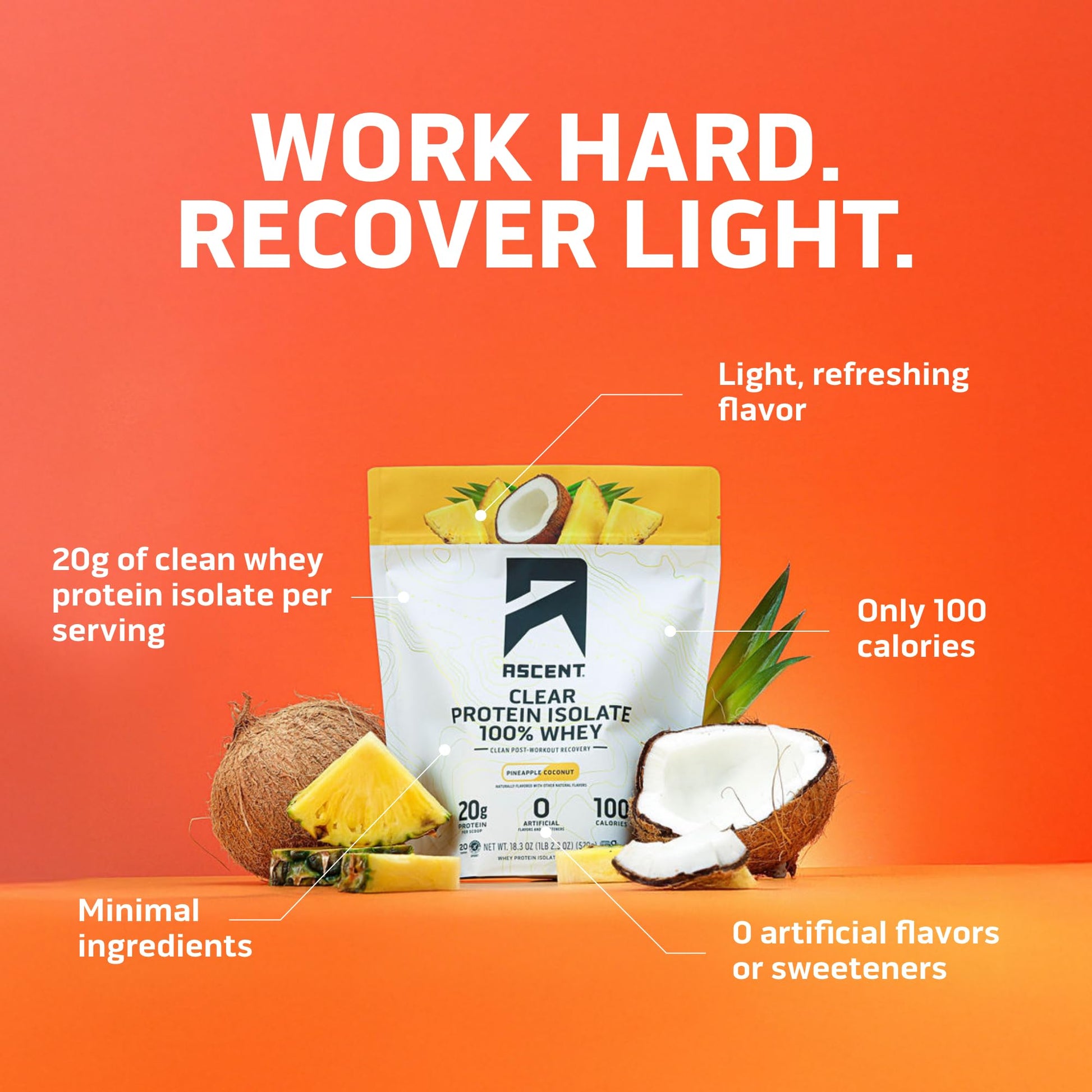 Ascent 100% Clear Whey Protein Powder - Post Workout Whey Protein Isolate, Zero Artificial Flavors & Sweeteners, Gluten Free, 5.5g BCAA, 2.1g Leucine, Essential Amino Acids, Pineapple Coconut, 20 Serv Ascent buy supplements canada