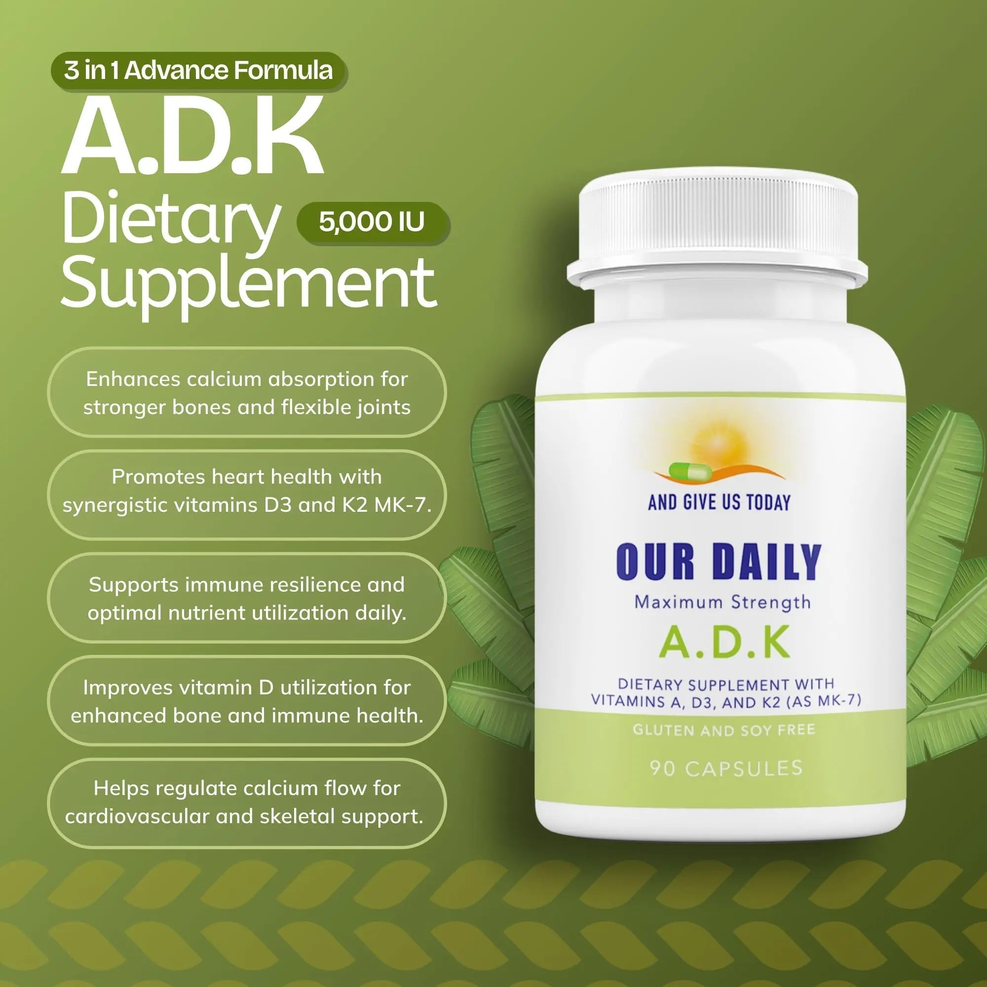 Daily Vites, ADK Vitamin Supplement 5000 IU, 90 Capsules - 3 Months Supply - High Potency Vitamin A, D3 & K2 (MK-7) - Physician Formulated ADK for Bone, Heart AND GIVE US TODAY OUR DAILY buy supplements canada