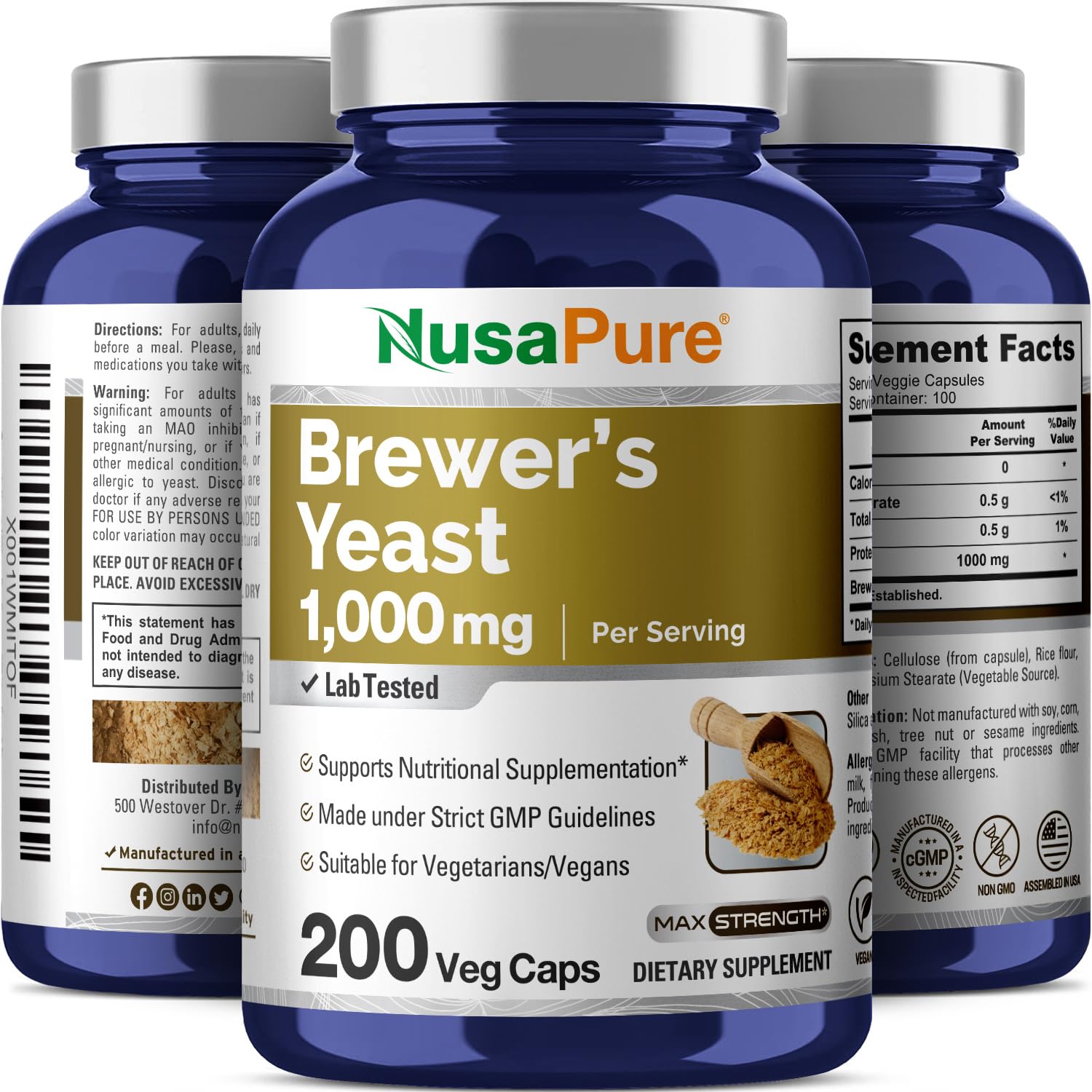 NusaPure Brewer’s Yeast - Suitable for Vegetarian/Vegan, Non - GMO - 1000mg 200 Capsules NusaPure buy supplements canada