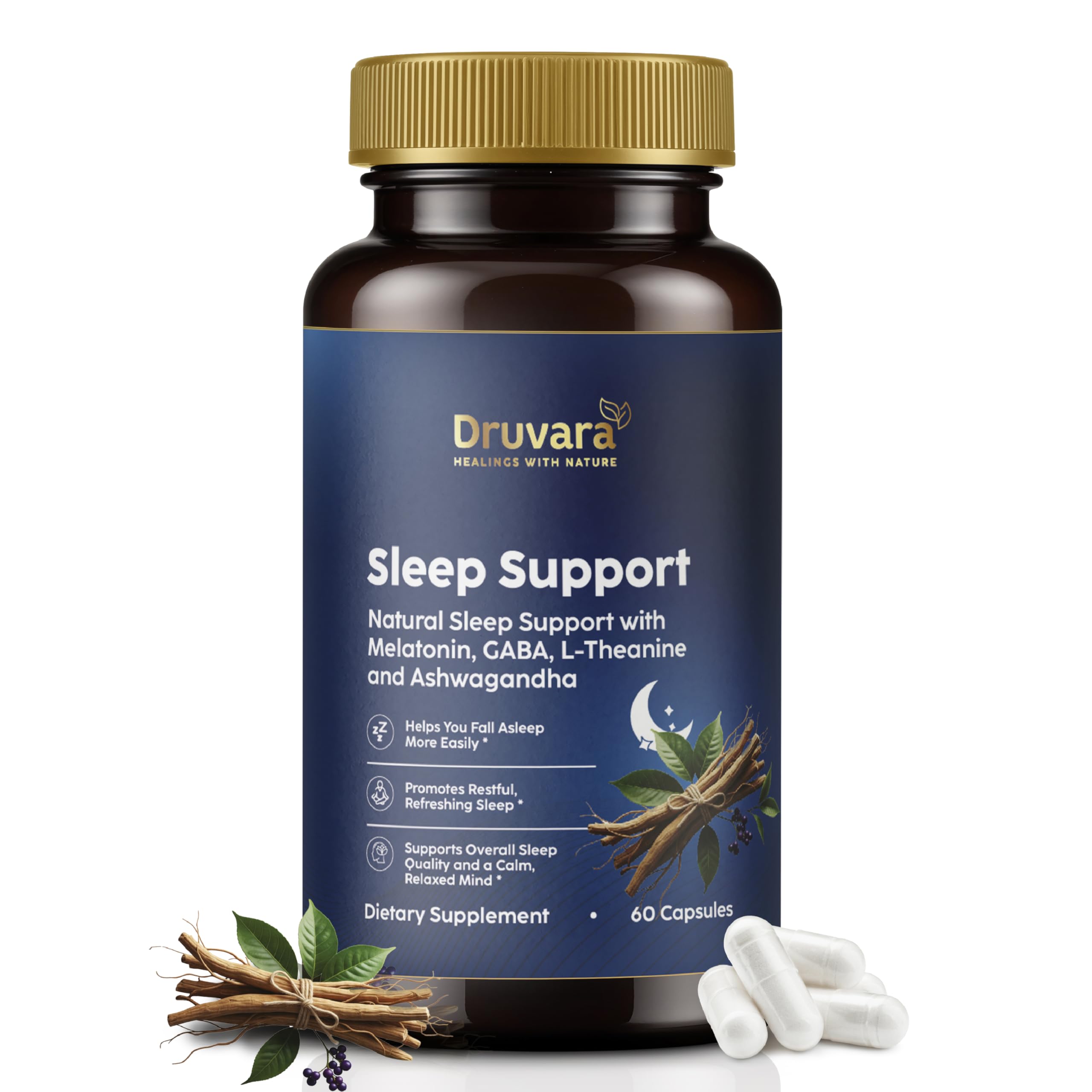 Druvara Natural Sleep Aid for Adults with Melatonin, GABA, L-Theanine & Ashwagandha, Natural Sleep Supplement for Deep, Restful Sleep - 60 Capsules Druvara buy supplements canada