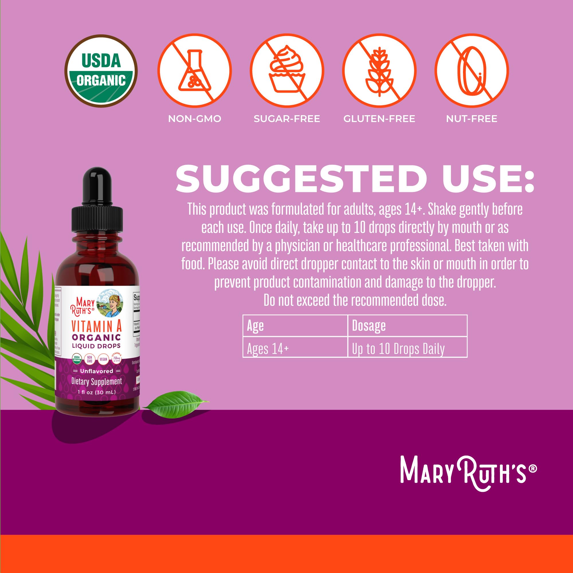 MaryRuth Organics USDA Organic Vitamin A Liquid Drops | 3 Month Supply | Bone Health for Ages 14+ | Essential Vitamin | 750mcg per Serving | Sugar Free | Vegan | Non-GMO | Gluten Free | 1oz MARYRUTH'S buy supplements canada