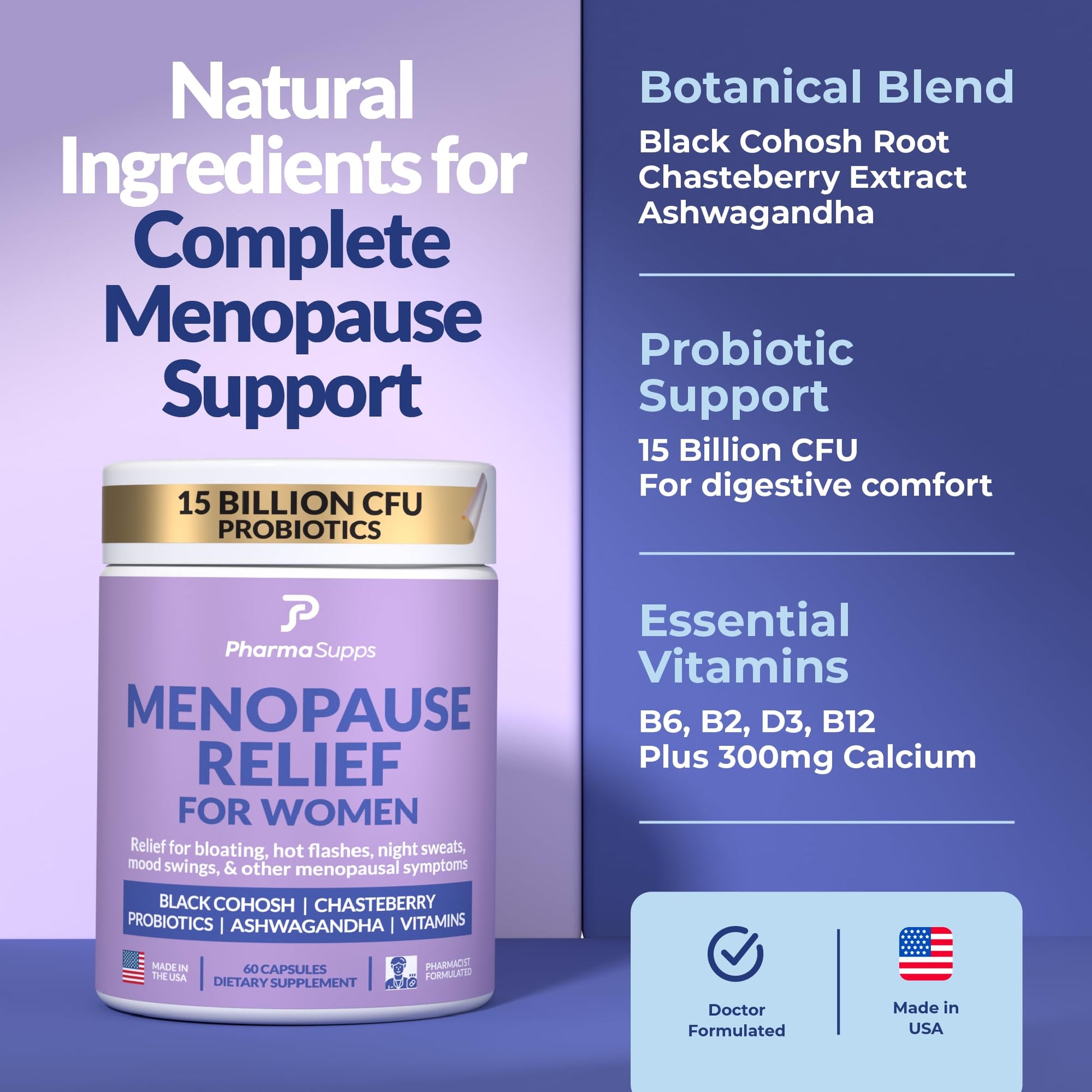 Natural Menopause Supplements for Women - Perimenopause Supplements for Hormonal Balance, Bloating & Mood Swings | Hot Flashes Menopause Relief w/Probiotics & Prebiotics, Black Cohosh & Chasteberry PharmaSupps buy supplements canada