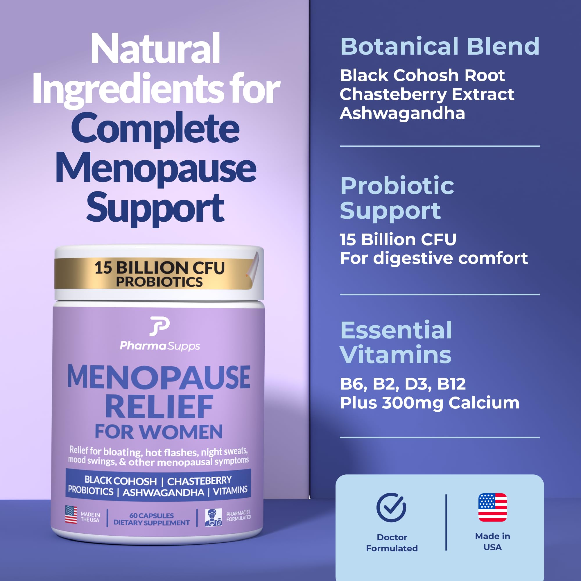 Natural Menopause Supplements for Women - Perimenopause Supplements for Hormonal Balance, Bloating & Mood Swings | Hot Flashes Menopause Relief w/Probiotics & Prebiotics, Black Cohosh & Chasteberry PharmaSupps buy supplements canada