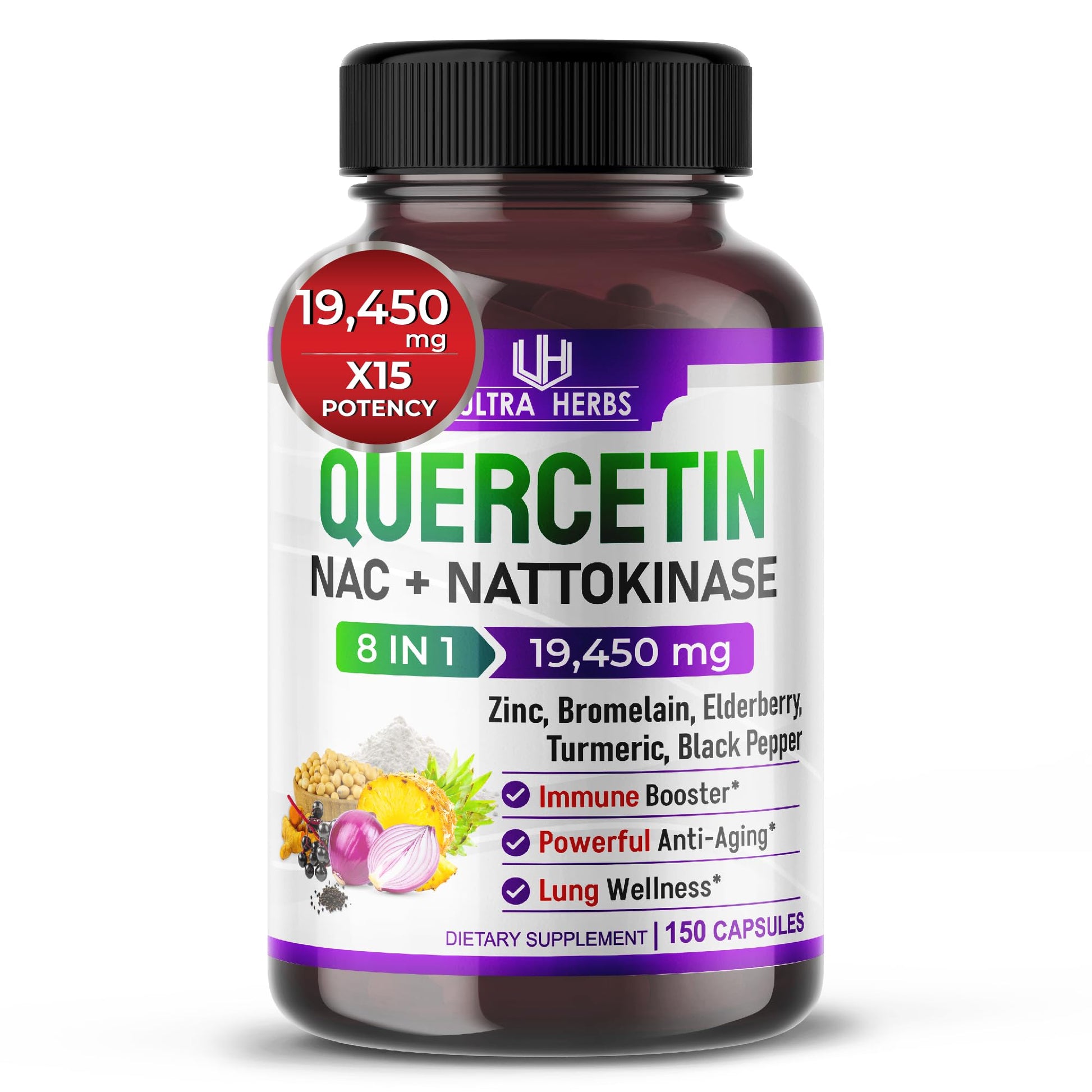 Quercetin 19,450mg 8 IN 1 with NAC, Nattokinase, Zinc, Bromelain, Elderberry, Turmeric ULTRA HERBS buy supplements canada