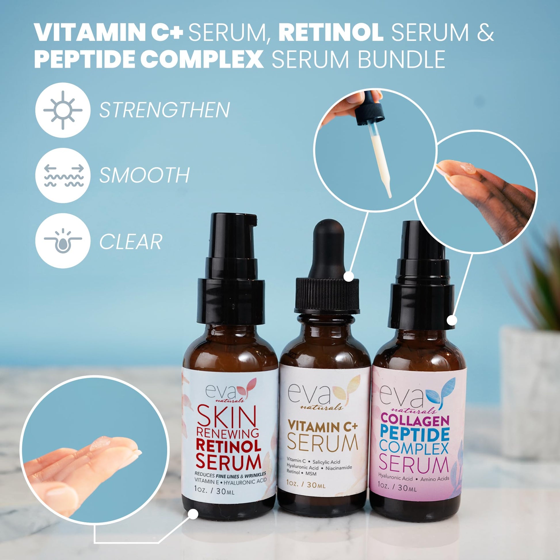 Eva Naturals Trifecta Face Serum Set – Retinol, Vitamin C & Peptides with Hyaluronic Acid & Niacinamide – Anti-Aging Skincare Bundle for Women Eva Naturals buy supplements canada