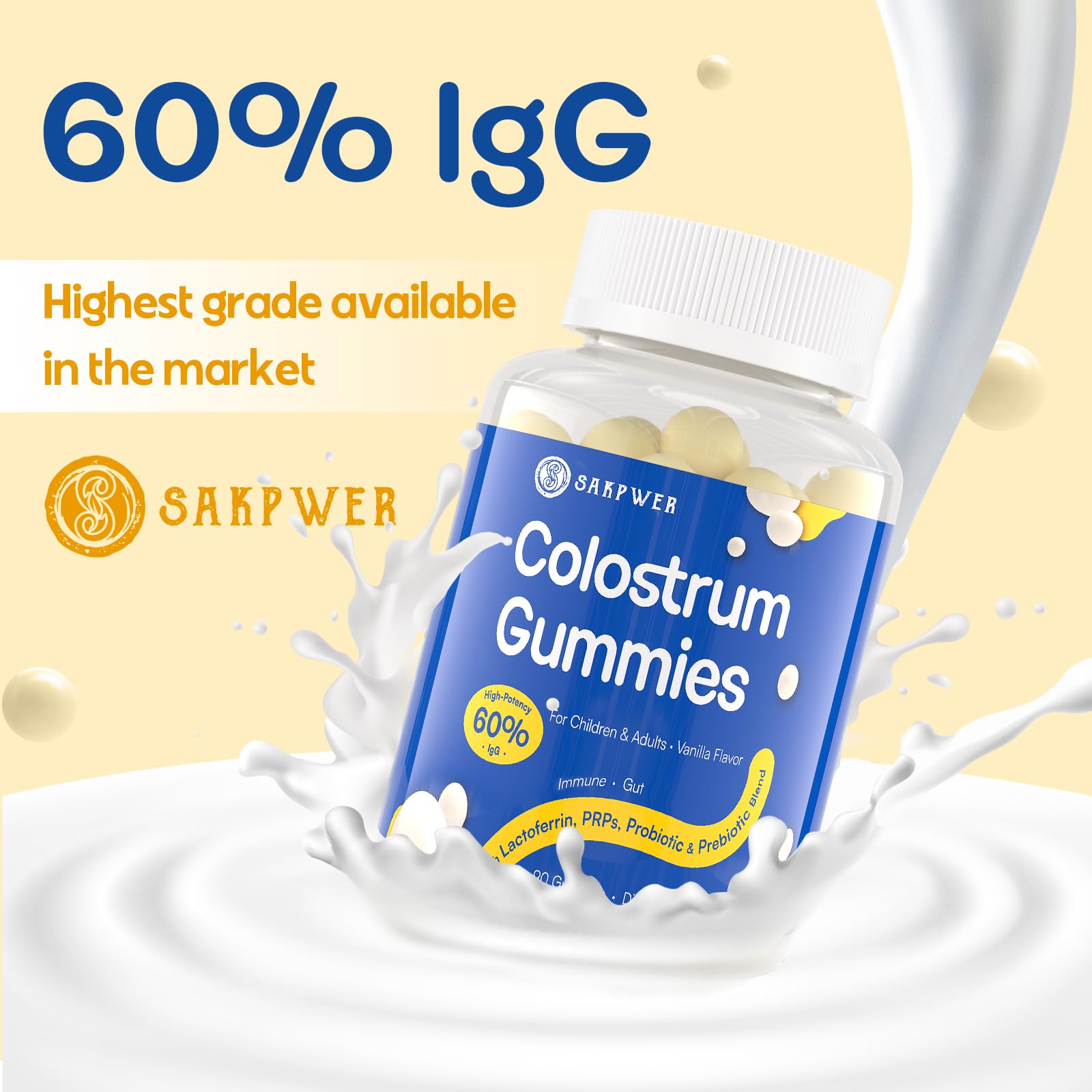 Sakpwer Bovine Colostrum Supplement Gummies - with 60% Highest IgG, Lactoferrin, Probiotics and Prebiotics for Adults and Kids, Vanilla Flavor & Sugar Free, 90 Gummies Sakpwer buy supplements canada
