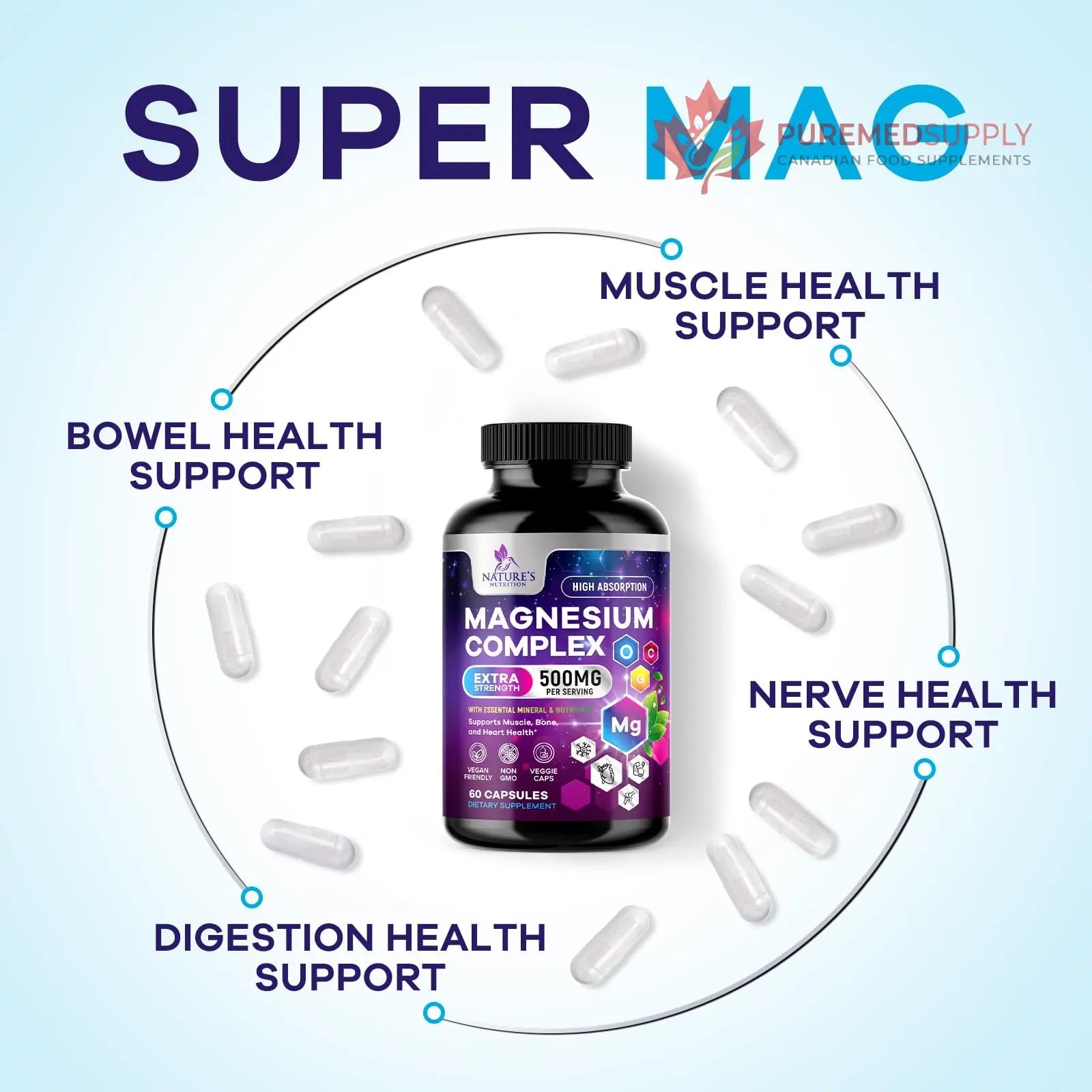Magnesium Complex Supplement - Magnesium 500 mg Per Serving - 4 in 1 High Absorption Blend - 100% Chelated Magnesium Glycinate with Malate, Citrate & Oxide - Vegan Complex - USA Bottled - 60 Capsules Nature's Nutrition buy supplements canada