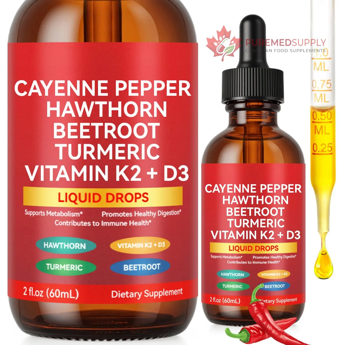 Cayenne Pepper Drops, Liquid Cayenne Pepper Organic, Cayenne Health Supplements, Cayenne Pepper Hawthorn Beet Root Turmeric Curcumin, Vitamin K2 & D3, Vegan-Friendly- 2 Fl Oz Vortexonix buy supplements canada