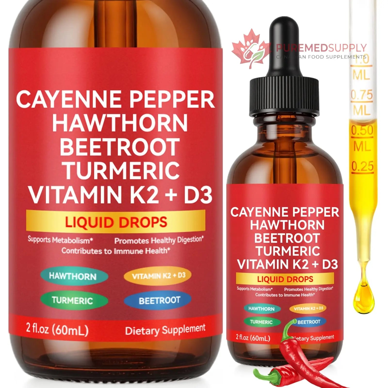 Cayenne Pepper Drops, Liquid Cayenne Pepper Organic, Cayenne Health Supplements, Cayenne Pepper Hawthorn Beet Root Turmeric Curcumin, Vitamin K2 & D3, Vegan-Friendly- 2 Fl Oz Vortexonix buy supplements canada