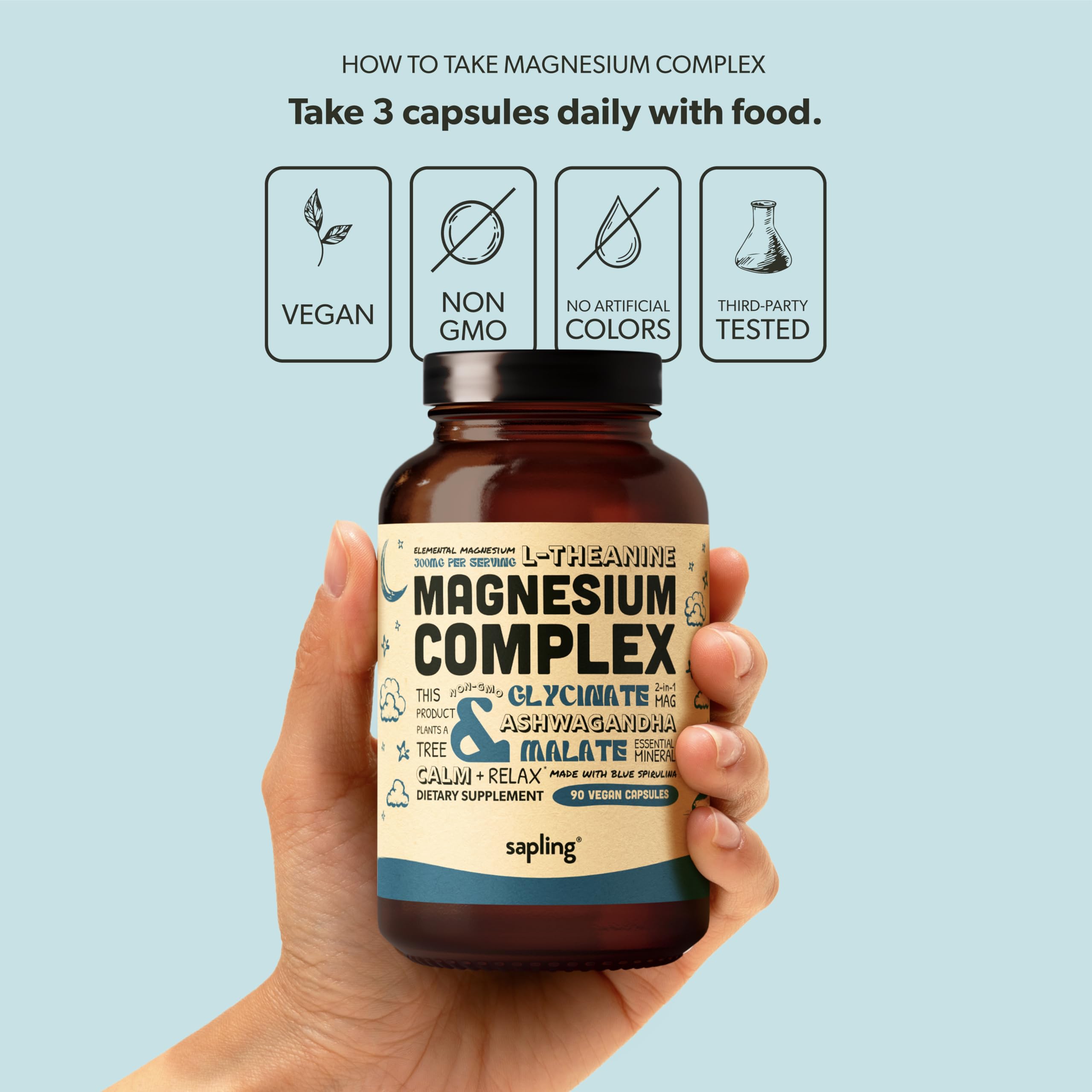 Magnesium Glycinate Complex Supplement - Chelated Magnesium Glycinate with Malate, Organic Ashwagandha, L-theanine & Blue Spirulina - High Absorption, Vegan, Non-GMO, 300mg, 90 Veggie Caps sapling buy supplements canada