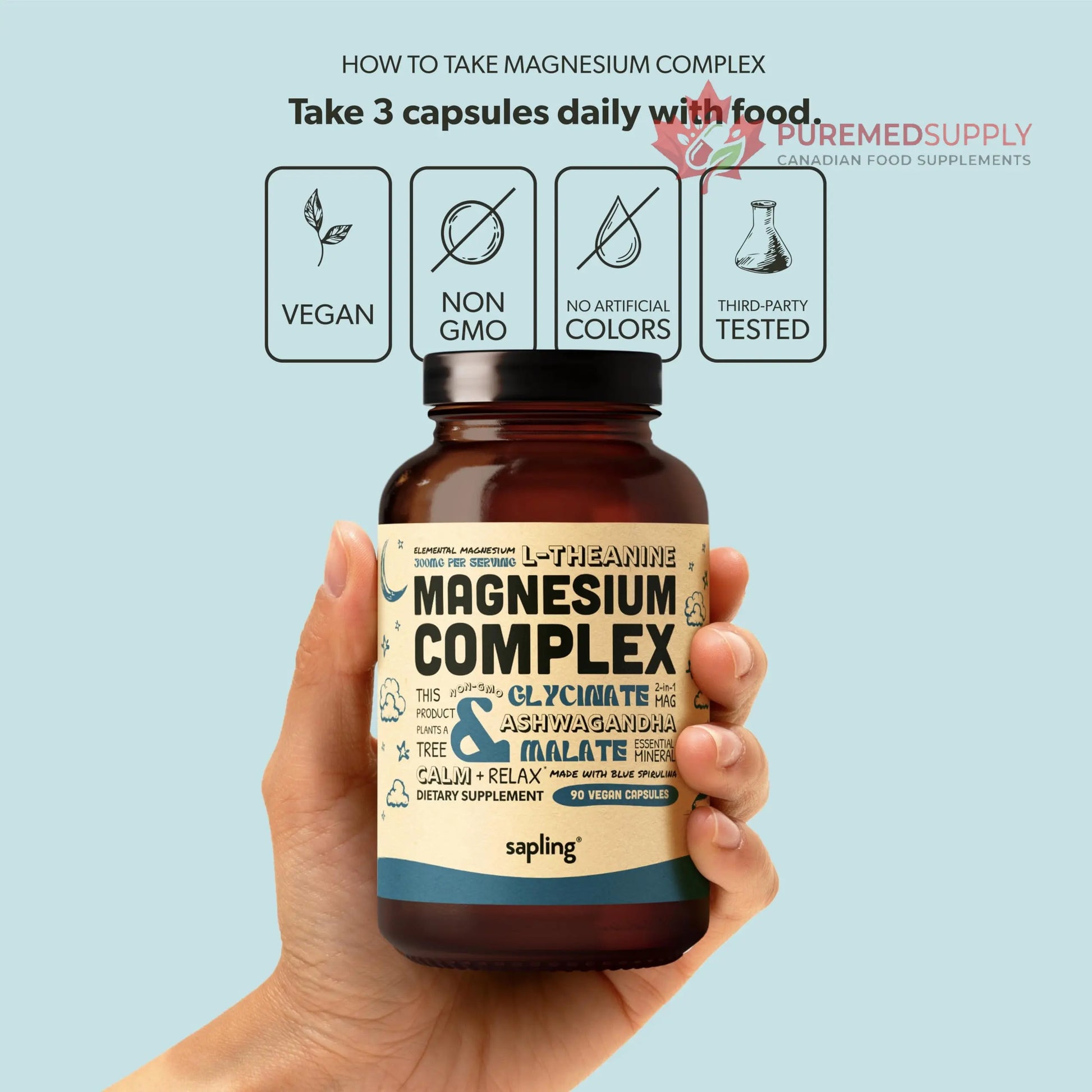 Magnesium Glycinate Complex Supplement - Chelated Magnesium Glycinate with Malate, Organic Ashwagandha, L-theanine & Blue Spirulina - High Absorption, Vegan, Non-GMO, 300mg, 90 Veggie Caps sapling buy supplements canada