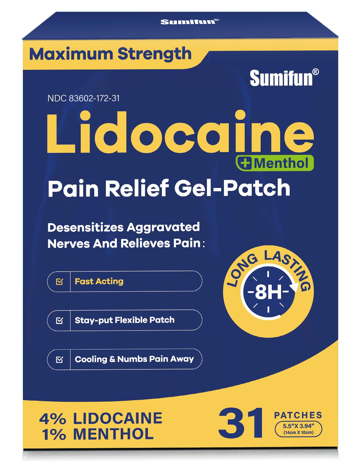 Sumifun Lidocaine Pain Relief Patches - Fast, Targeted Therapy Simple Backache, Soreness, Sprain, Joint Pain with Maximum Strength 4% Lidocaine and 1% Menthol (Large, Count, 31) NDC 83602-172-31 Sumifun buy supplements canada