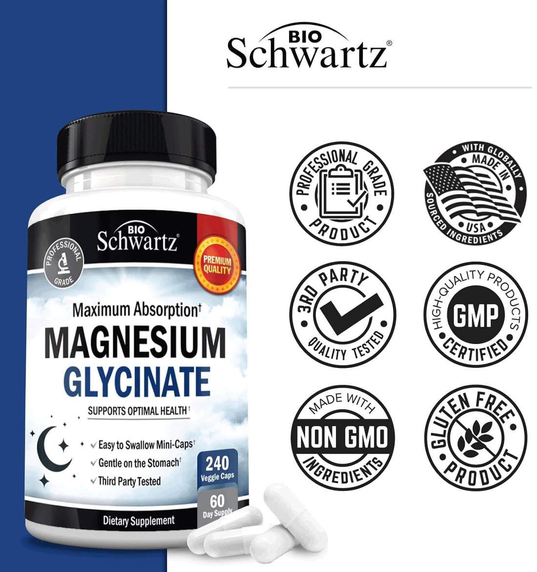 BioSchwartz Magnesium Glycinate 500mg Capsules (240 Mini Caps) Maximum Absorption Magnesium Supplement for Healthy Nerves Muscles Heart Mood and Sleep Support (Vegan, Gluten-Free, Non-GMO) BioSchwartz buy supplements canada
