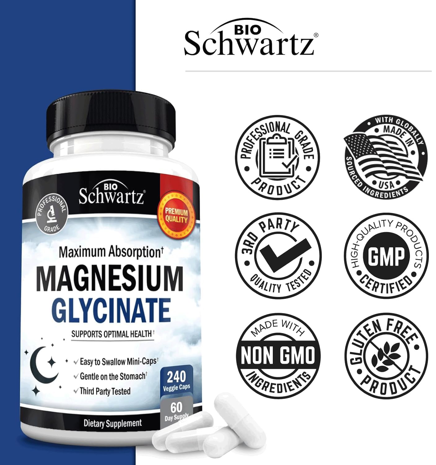 BioSchwartz Magnesium Glycinate 500mg Capsules (240 Mini Caps) Maximum Absorption Magnesium Supplement for Healthy Nerves Muscles Heart Mood and Sleep Support (Vegan, Gluten-Free, Non-GMO) BioSchwartz buy supplements canada