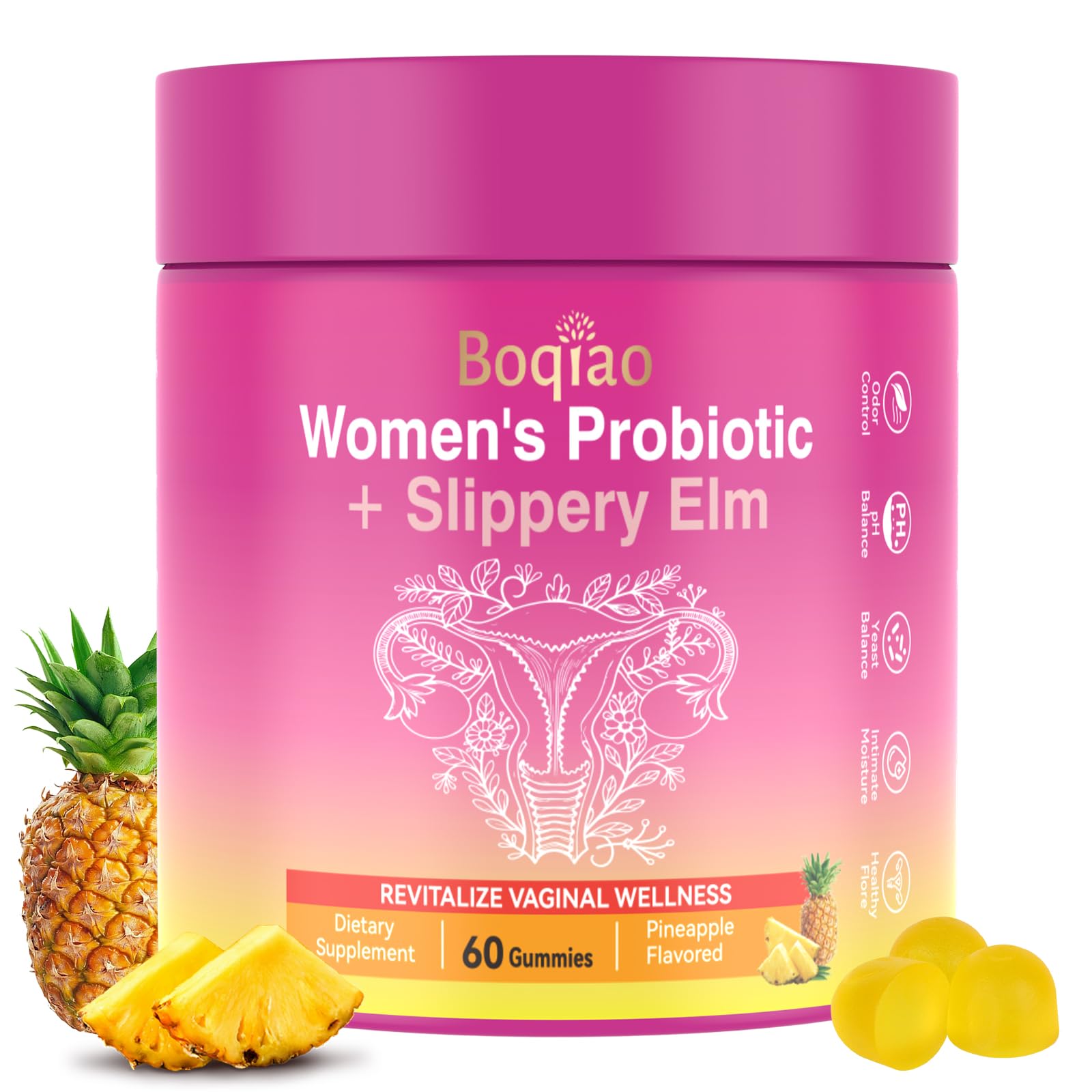 Feminine Probiotics Gummies with Slippery Elm - 60 Pineapple Gummies for Women ph Balance, Vaginal Probiotics Supports Flora, Gut Health & Immune System, Prebiotics & Lactobacillus Blend (Pineapple) Boqiao buy supplements canada