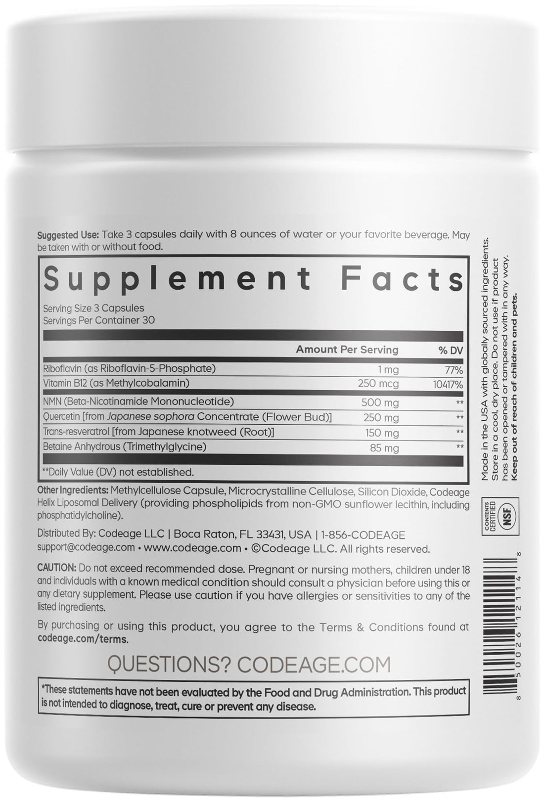 Codeage Liposomal NMN Platinum - 500 mg NMN Supplement, Nicotinamide Mononucleotide, NAD Precursor - Quercetin, Resveratrol, Betaine TMG, Vitamin B2 Riboflavin & Vitamin B12 - Non-GMO - 90 Capsules Codeage buy supplements canada
