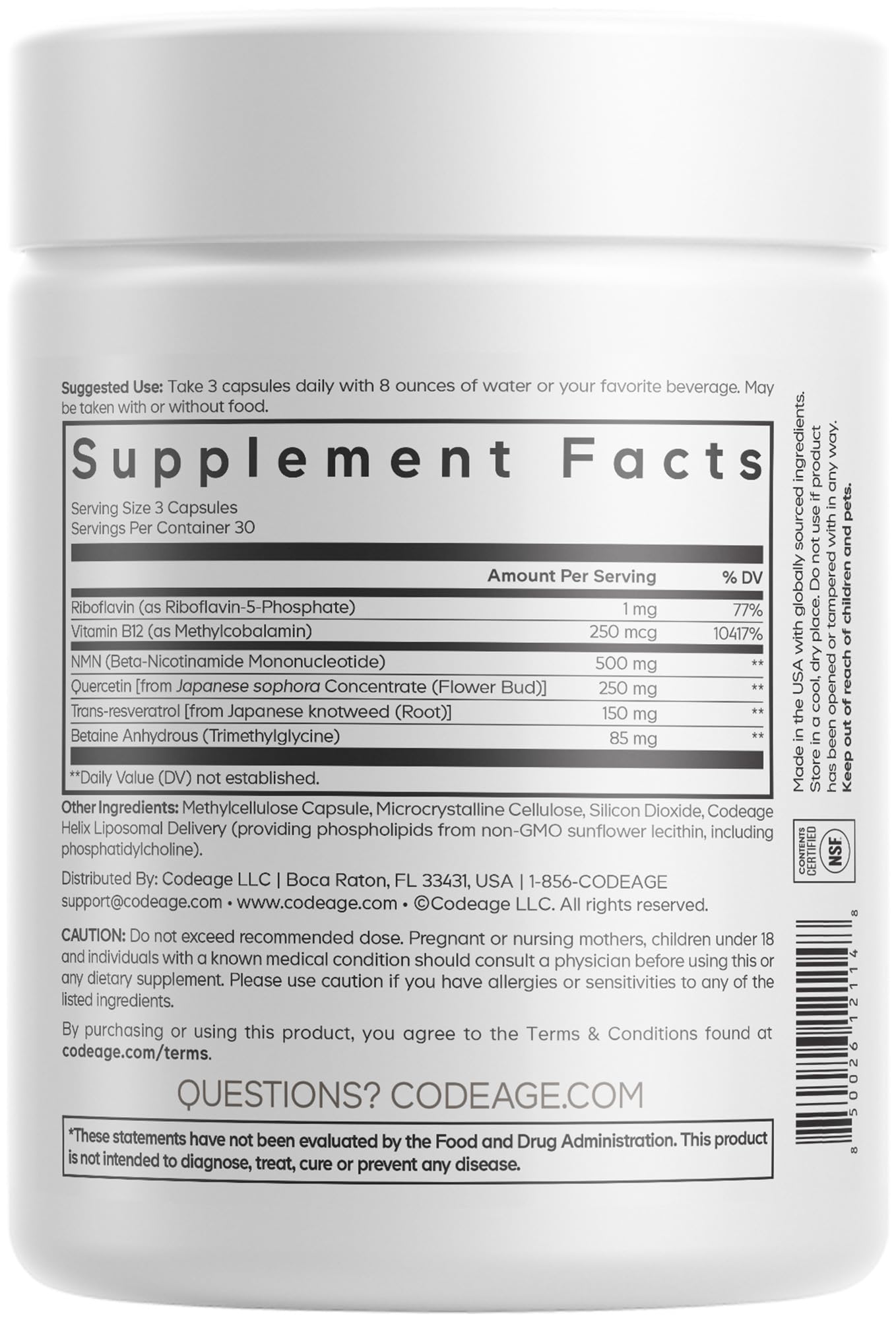 Codeage Liposomal NMN Platinum - 500 mg NMN Supplement, Nicotinamide Mononucleotide, NAD Precursor - Quercetin, Resveratrol, Betaine TMG, Vitamin B2 Riboflavin & Vitamin B12 - Non-GMO - 90 Capsules Codeage buy supplements canada